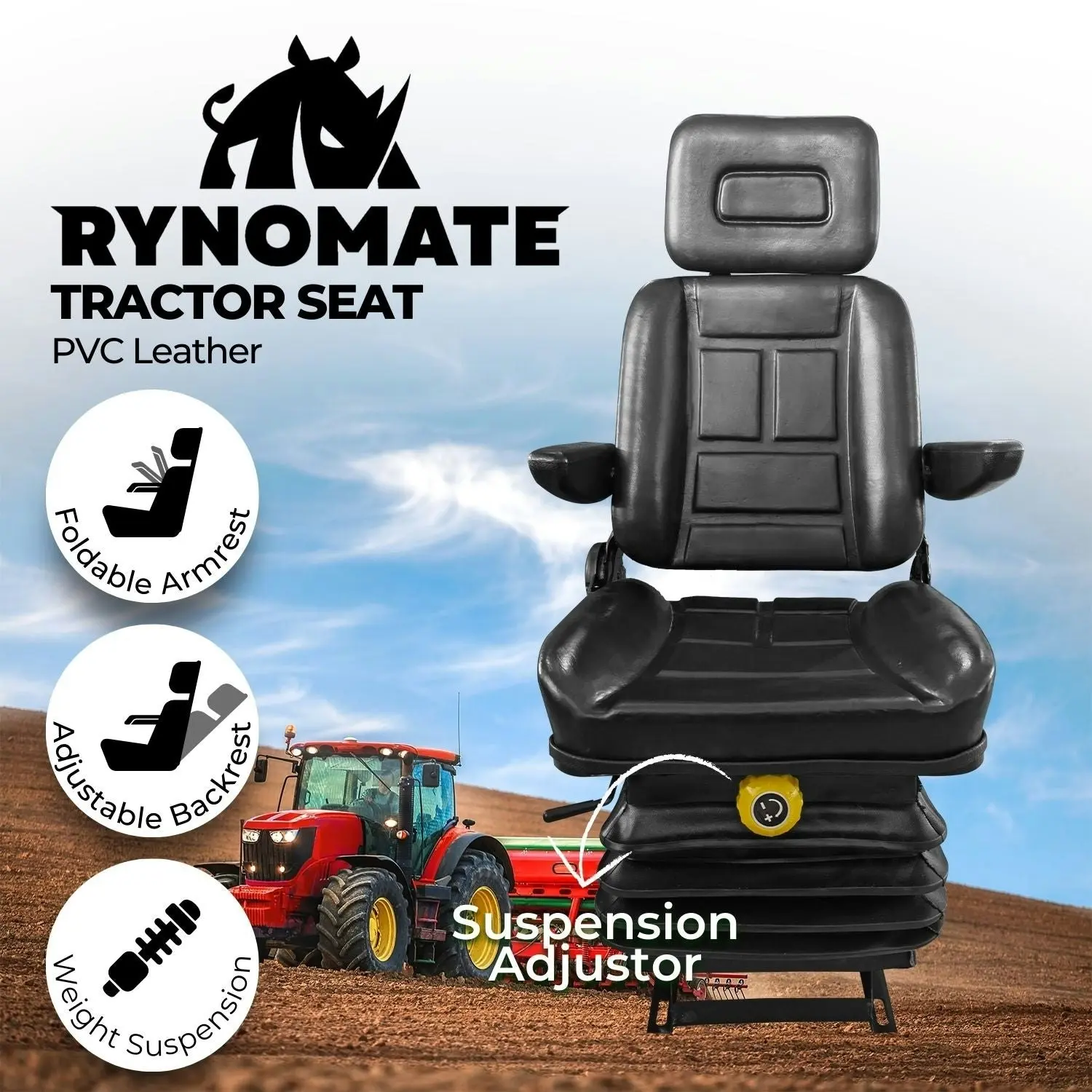 RYNOMATE Tractor Seat Forklift Excavator Truck Universal Backrest Chair PVC Leather