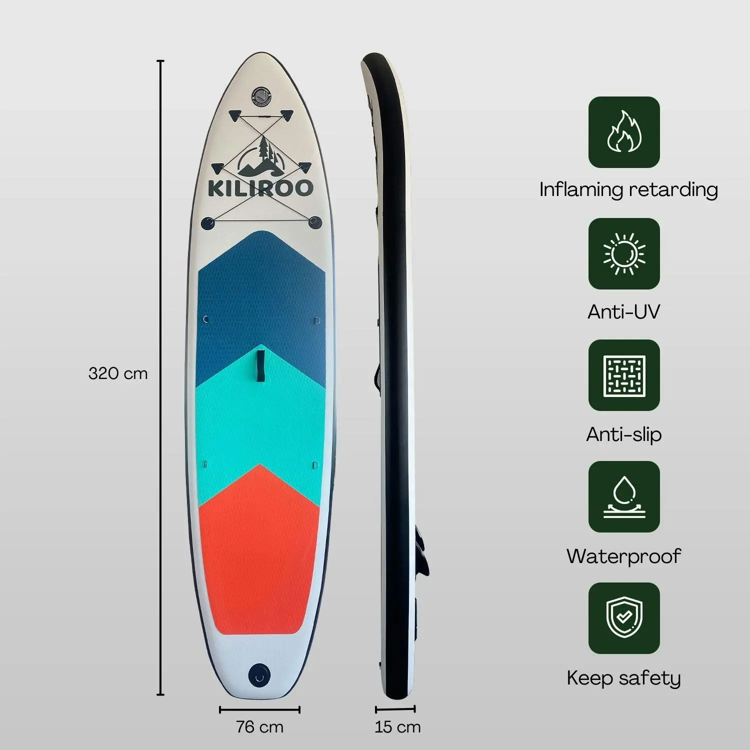 Kiliroo Ultralight Inflatable Stand Up Paddle Board Grey, Tiffany Blue and Red