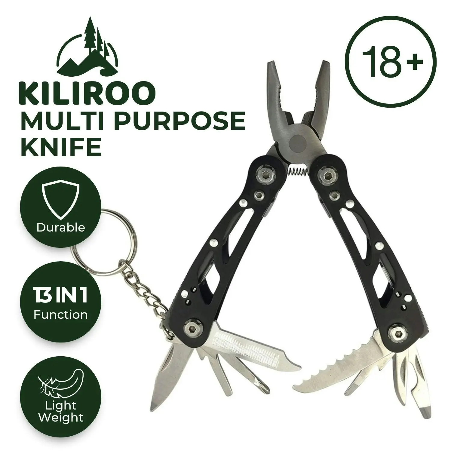 Kiliroo Multi Purpose Camping Pocketknife Multitool 13-in-1 Kit Lightweight Black