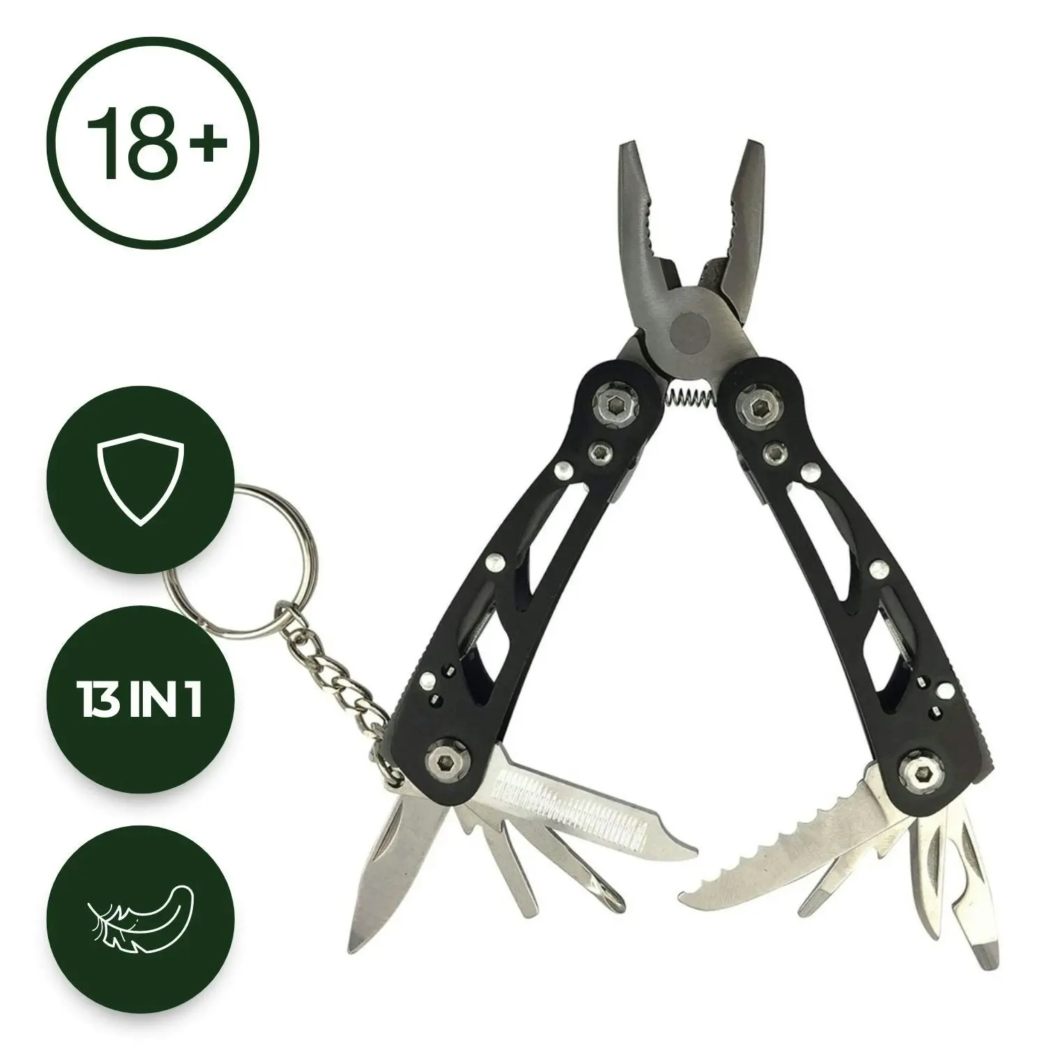 Kiliroo Multi Purpose Camping Pocketknife Multitool 13-in-1 Kit Lightweight Black