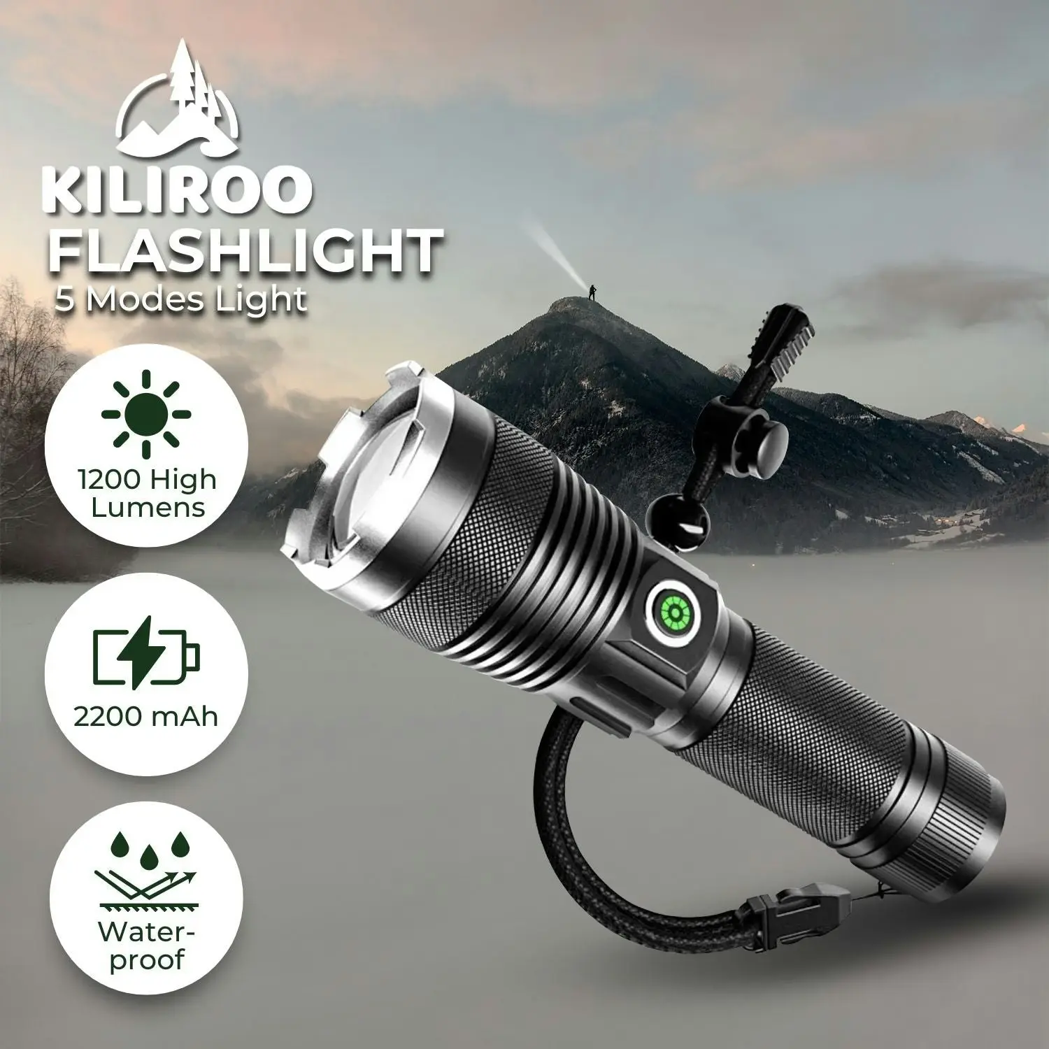 Kiliroo Rechargeable Torch Flashlight with 5 Modes 1200LM for Camping Outdoor