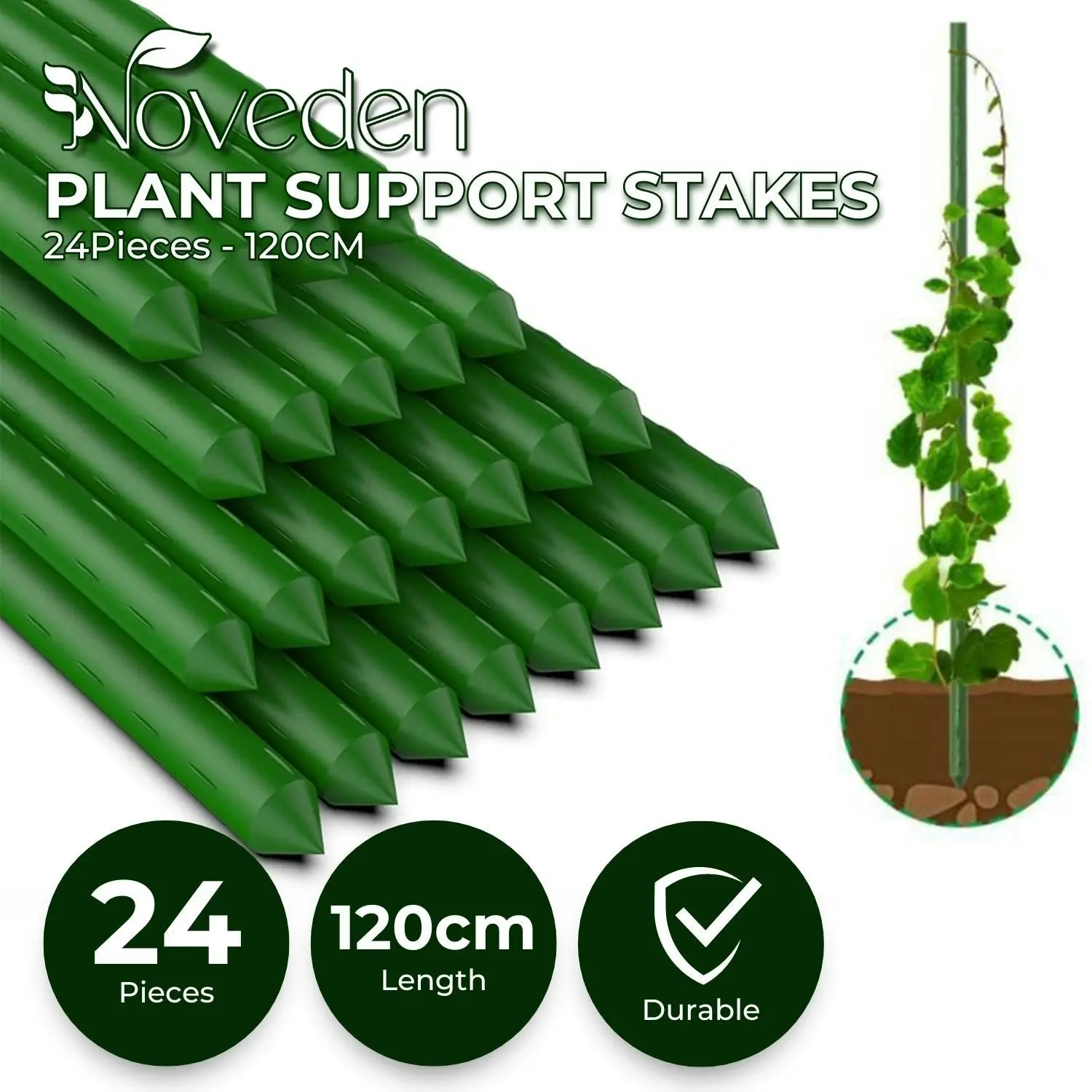 Noveden 24pcs 120cm Plant Stem Flower Metal Support Stakes Garden Climbers Green