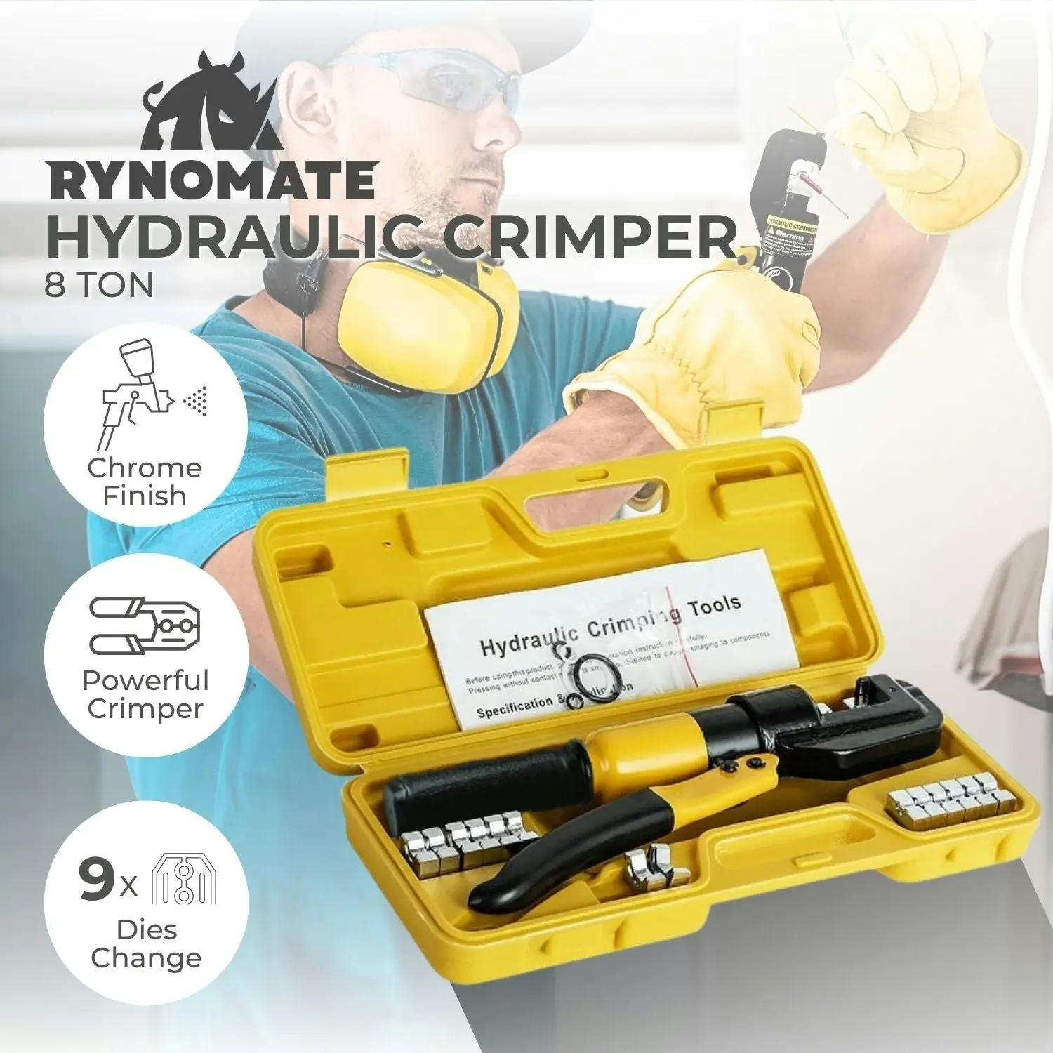 RYNOMATE 8 Ton 9 Dies Crimping Plier Tools Hydraulic Crimper - Yellow/Black