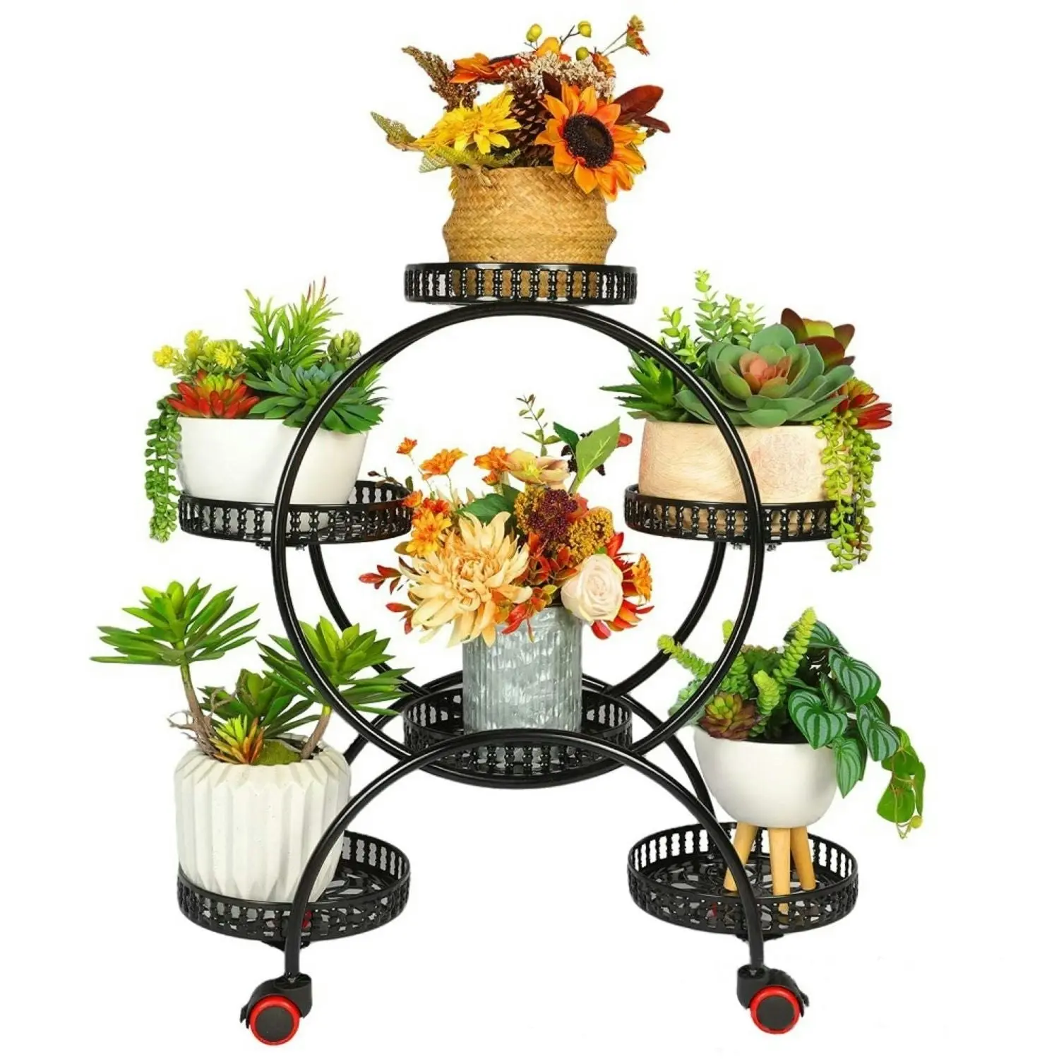 Noveden 4 Layer 6 Pots Flower Holder Plant Stand Shelf with 4-Wheel Black