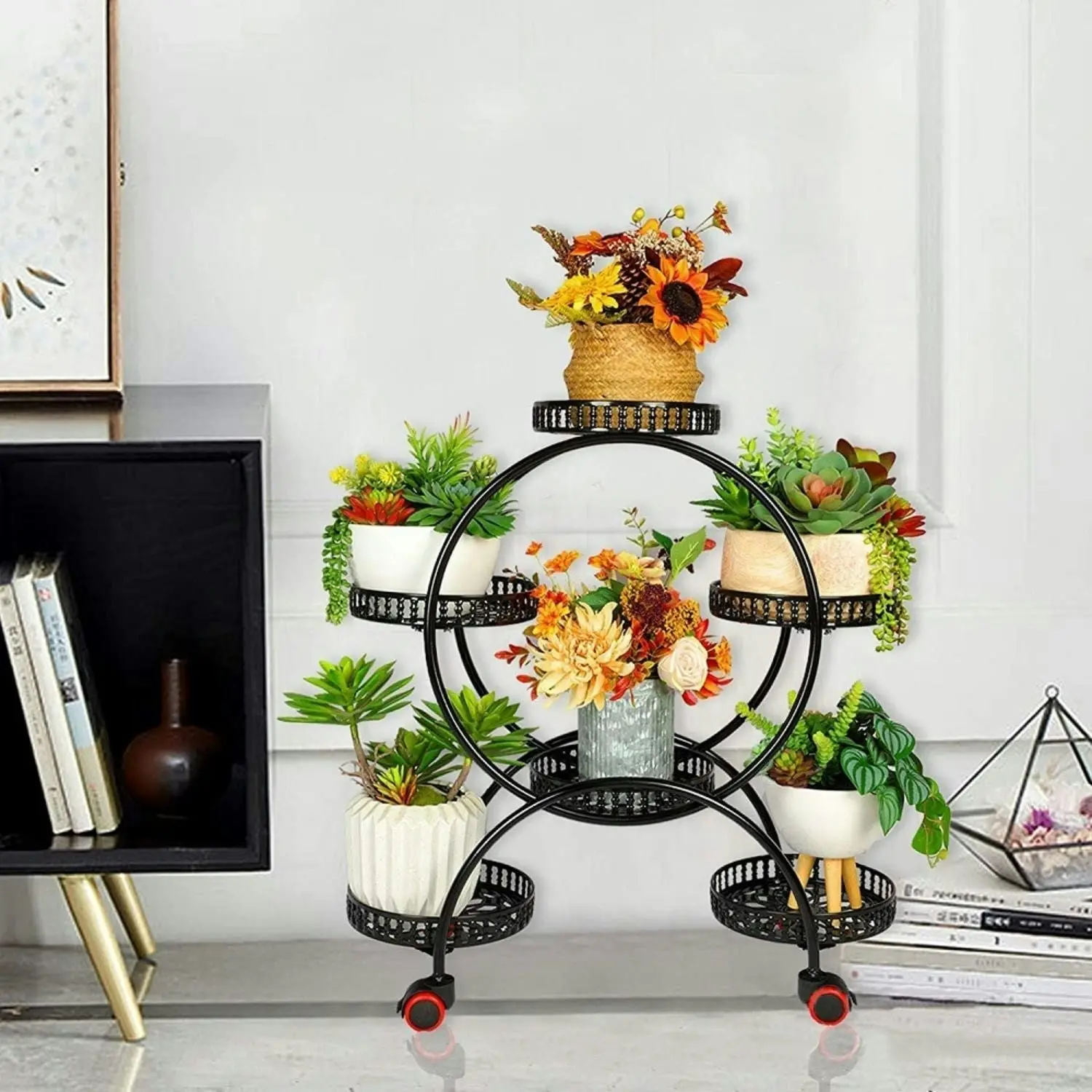 Noveden 4 Layer 6 Pots Flower Holder Plant Stand Shelf with 4-Wheel Black