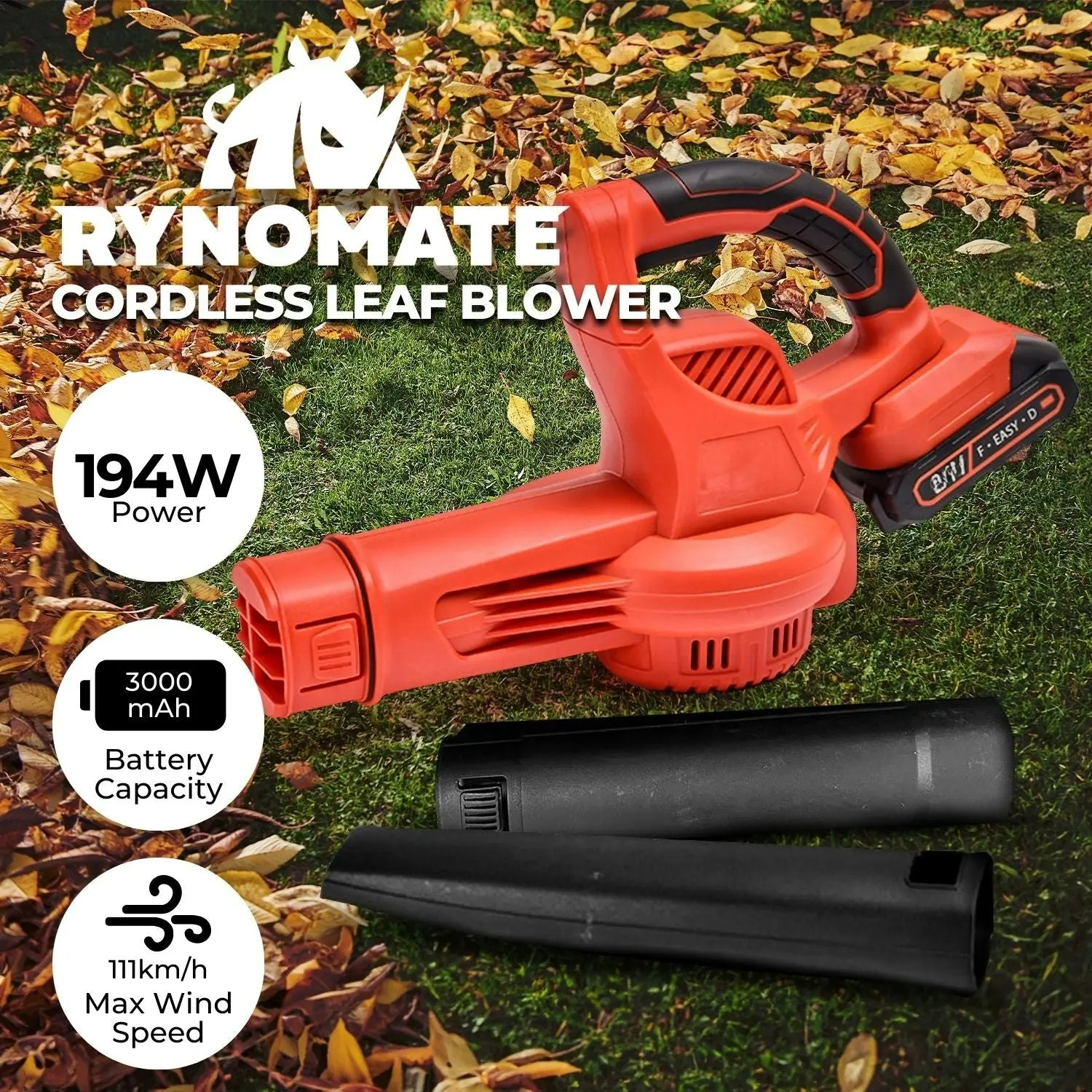 RYNOMATE 21V Cordless Garden Leaf Blower Lithium Electric Battery Nozzle 2-Speed