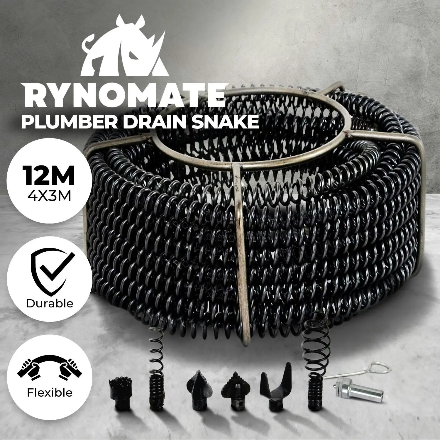 RYNOMATE 12m Pipeline Sewer Cleaner Plumber Drain Snake with Drill Bit Tool - Black