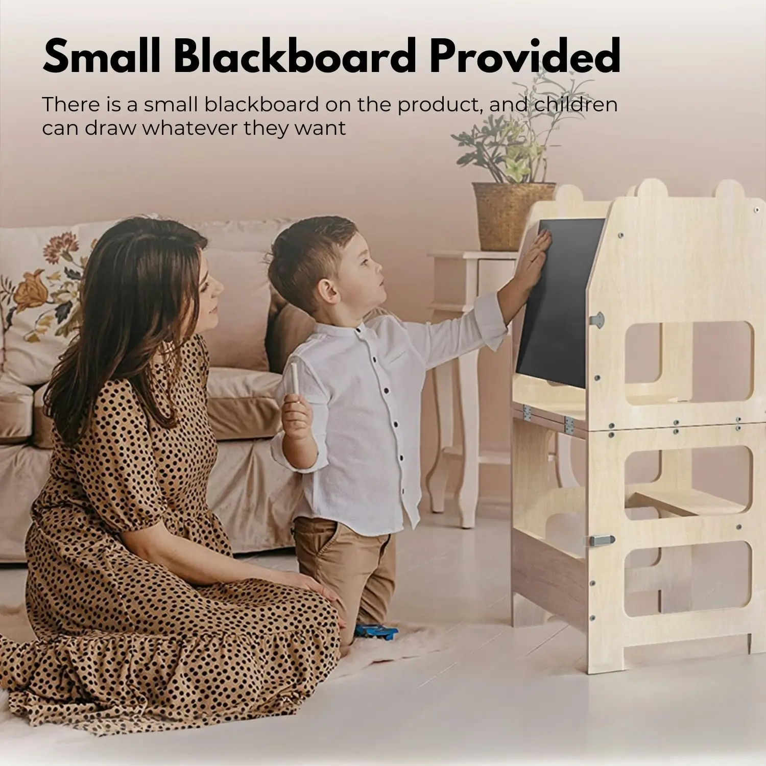 Ekkio Wooden Folding Home Kitchen Kids Step Stool with Chalkboard - Wood Colour