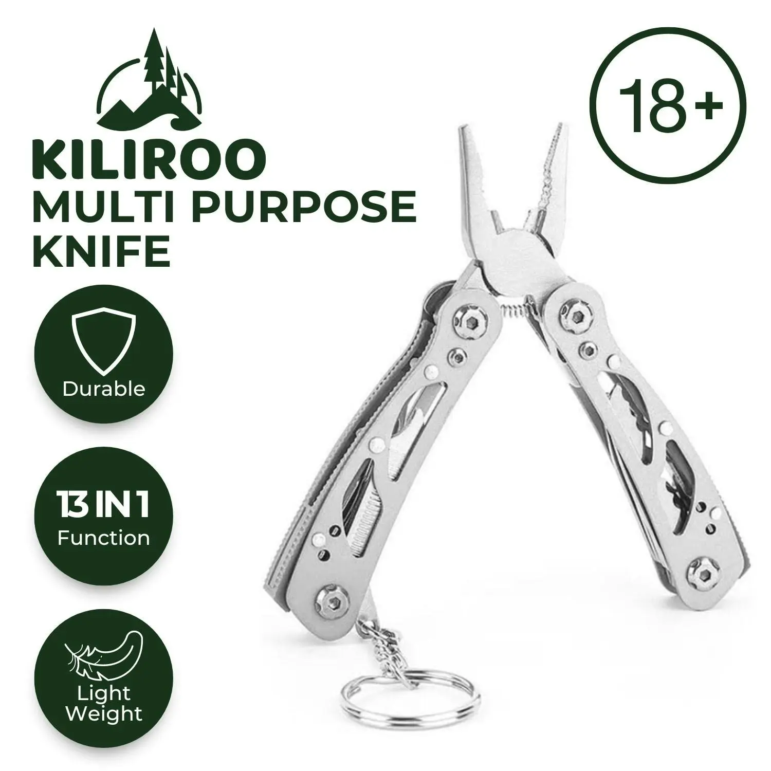 Kiliroo Multi Purpose Camping Pocket Knife Multitool 13-in-1 Kit Lightweight Silver