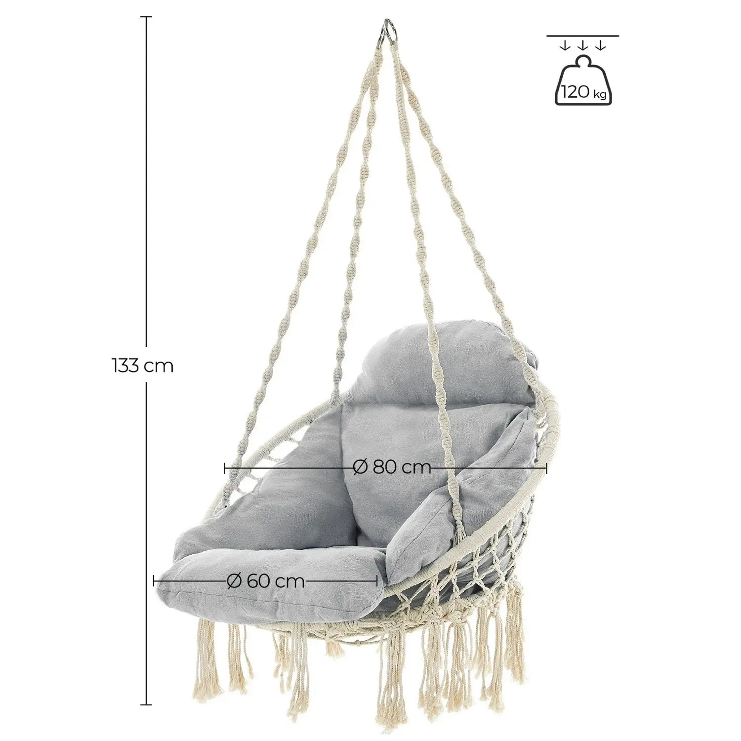 SONGMICS 120KG Maximum Load Balcony Living Room Patio Bedroom Hammock Hanging Chair with Cushion Gray