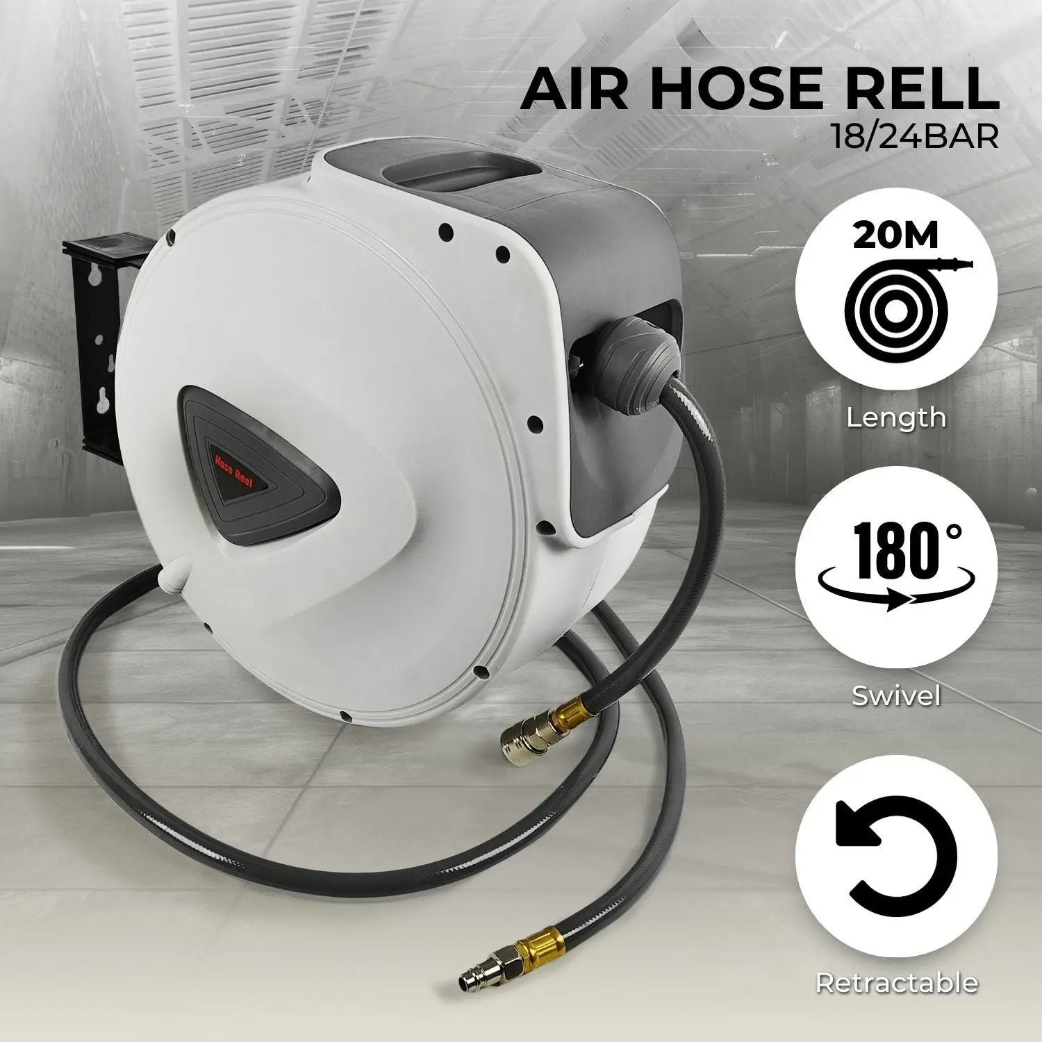 RYNOMATE 20M Air Hose Reel with Retractable Compressor Auto Rewind Wall Mounted