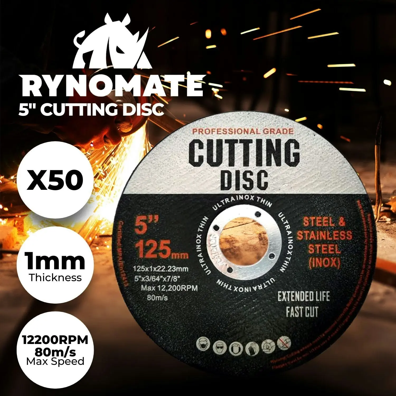 RYNOMATE 50pcs 5" 125mm Angle Grinder Wheels Cutting Discs Thin Cut Off Metal