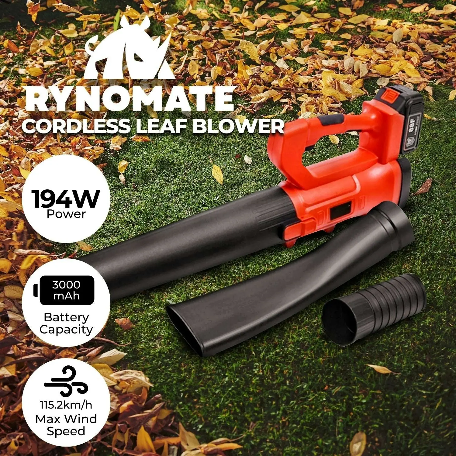 RYNOMATE 18V Cordless Garden Leaf Blower Lithium Electric Battery Nozzle 6-Speed