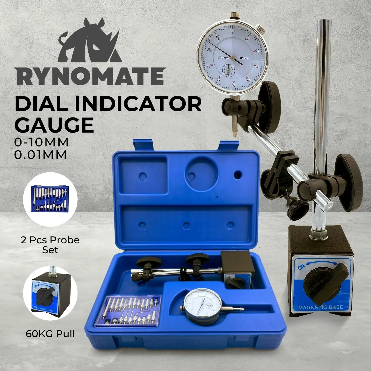 RYNOMATE Magnetic Base 0-10mm 60kg 22 Indicator Point Set Dial Indicator Gauge - Blue/Black