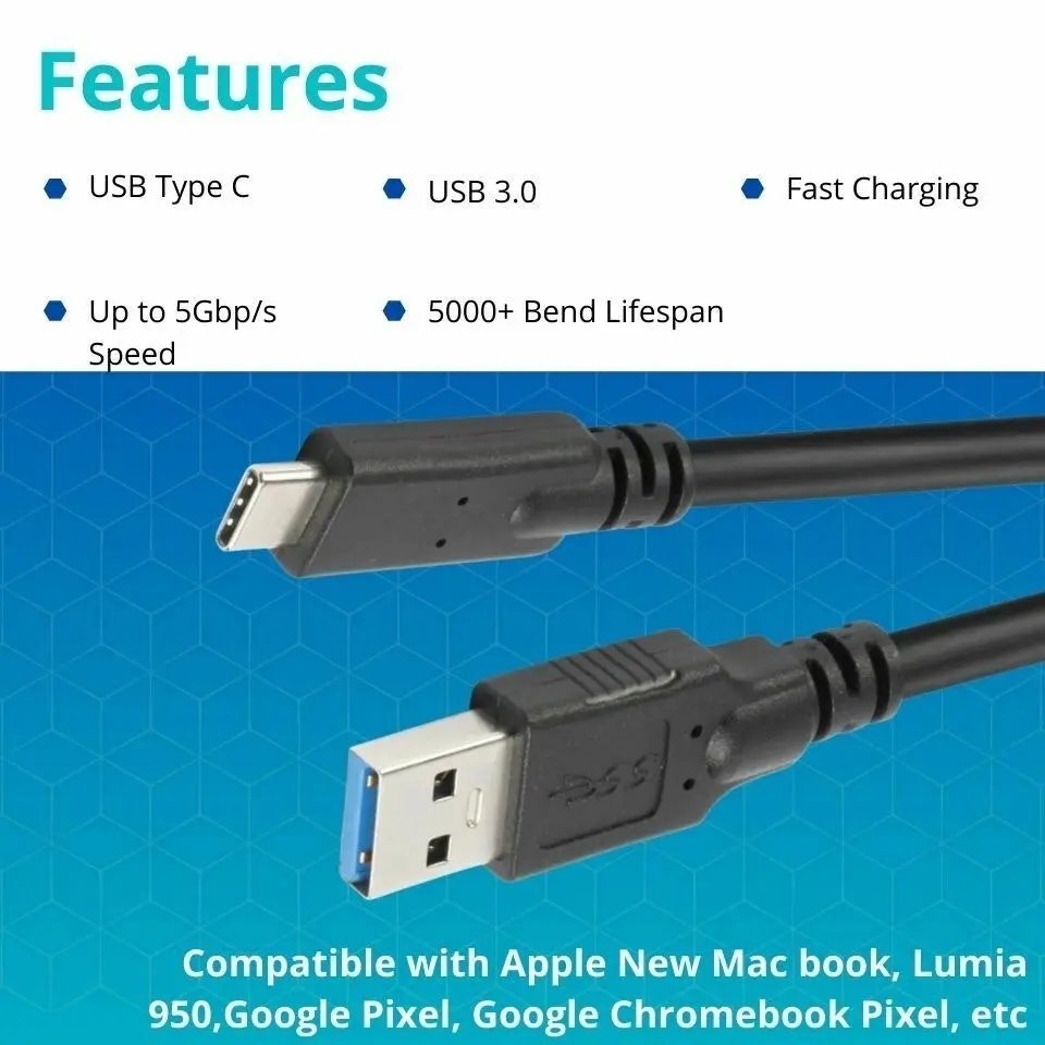 USB C to USB A Type C Cable V3.0 1m Fast Charging Data Transfer Samsung Huawei Xiaomi Google