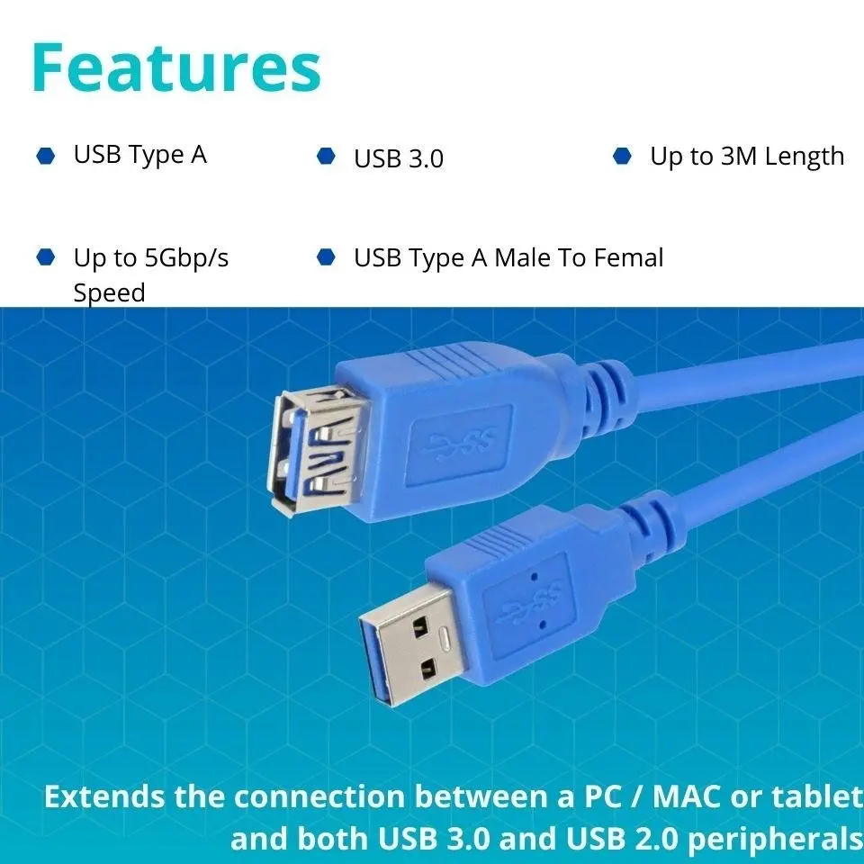 USB Type A Male V3.0 to USB Type A Female V3.0 Extension Cable 3m PC Laptop Mac