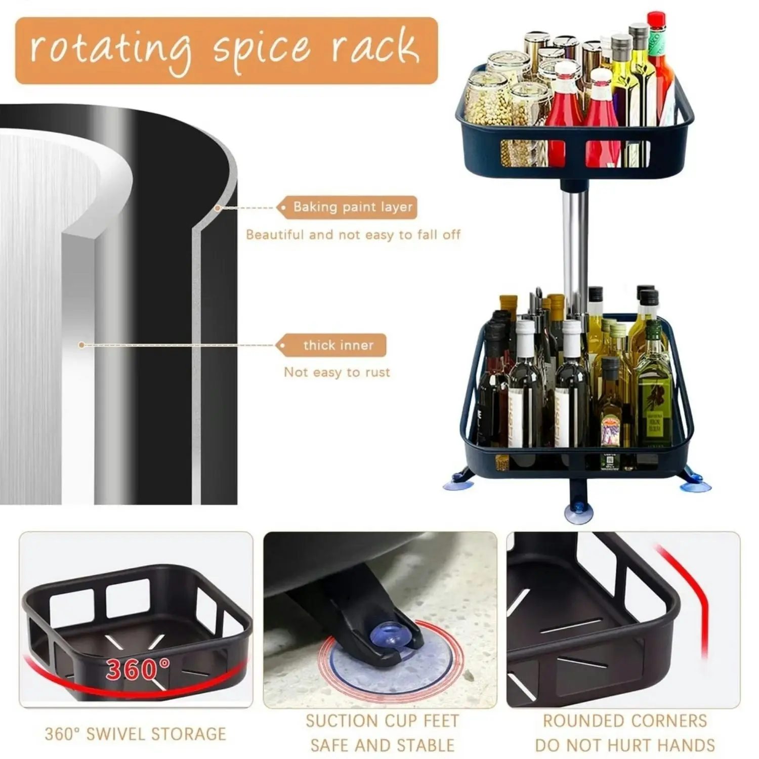 Gominimo 2 Tier Steel Black Square Rotating Multi-Function Kitchen Portable Storage Spice Seasoning Kitchen Countertop Organiser Shelf