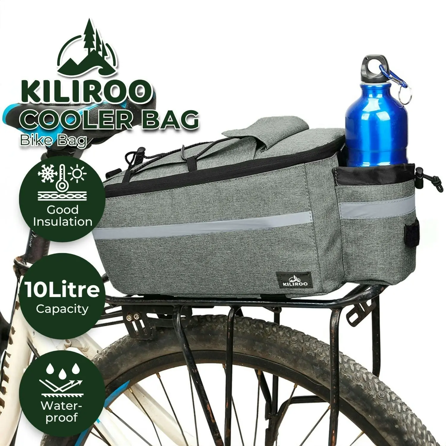 Kiliroo Insulated Cooler Bag Bike Bag Waterproof Foldable Bicycle Bag 10L Grey