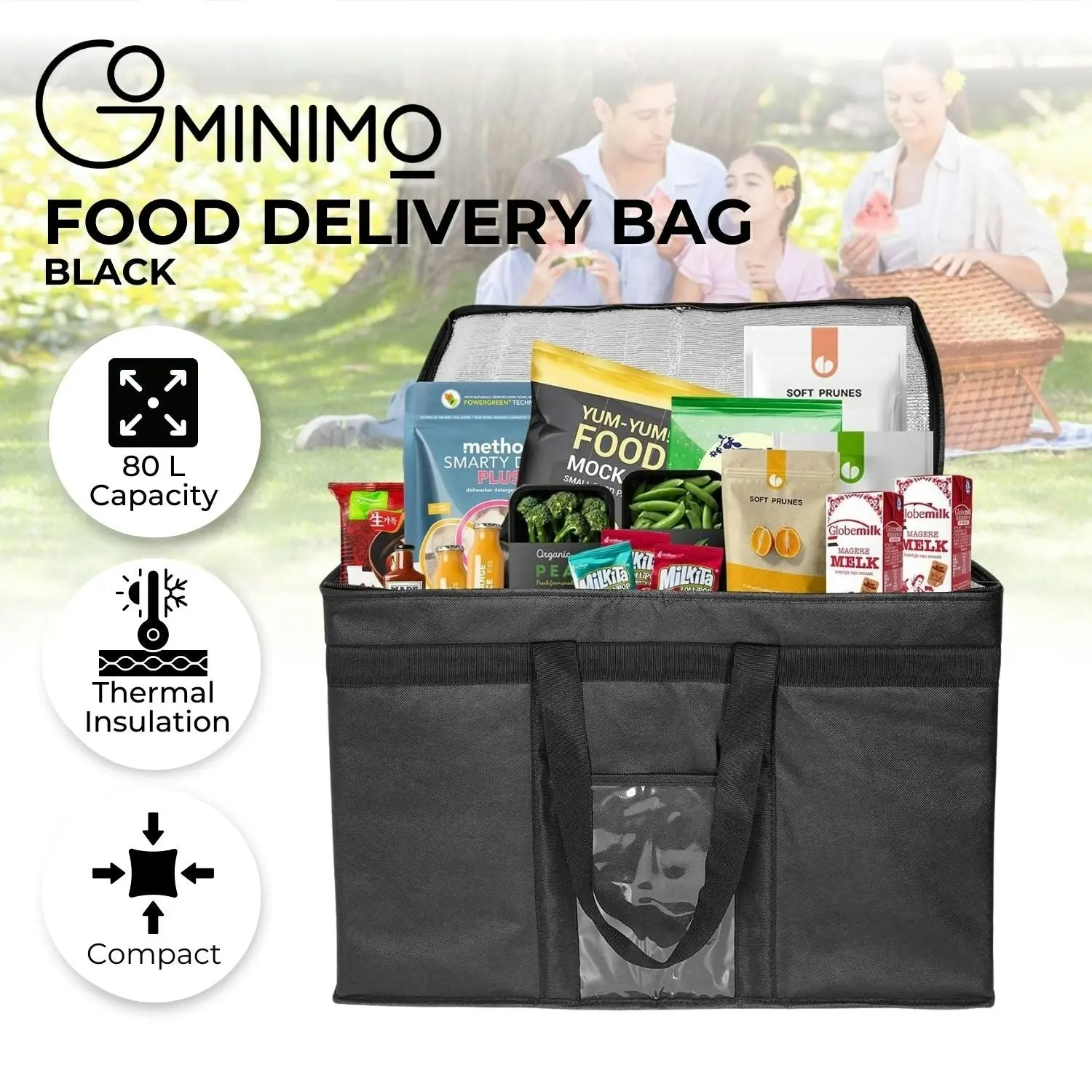 Gominimo 80L Large Insulated Food Delivery Cooler Bag with Zipper Closure - Black