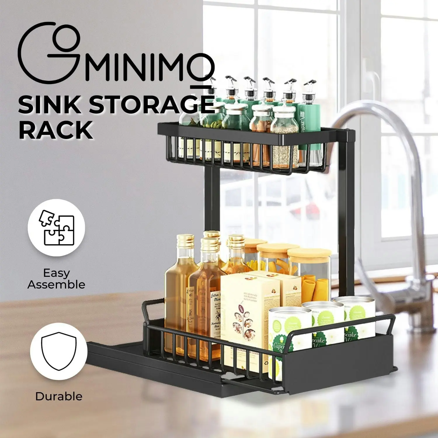 Gominimo 2 Tier Sliding Basket Multipurpose Under Sink Storage Rack - Black