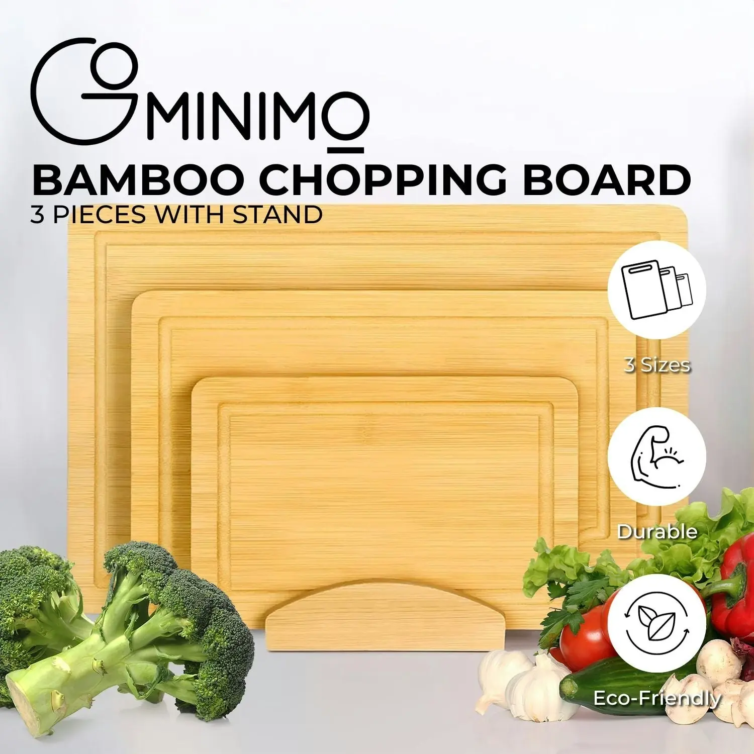 Gominimo 3 Pieces Chopping Board with Stand Set Bamboo Kitchen Cutting Wooden