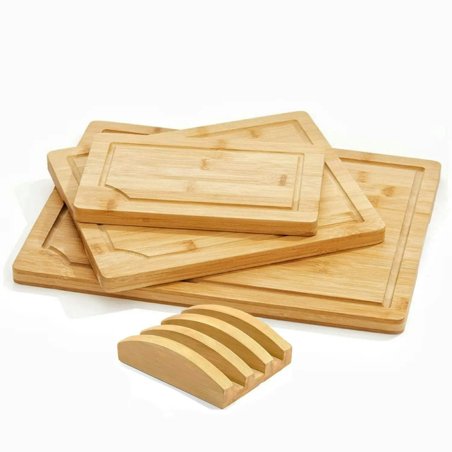 Gominimo 3 Pieces Chopping Board with Stand Set Bamboo Kitchen Cutting Wooden