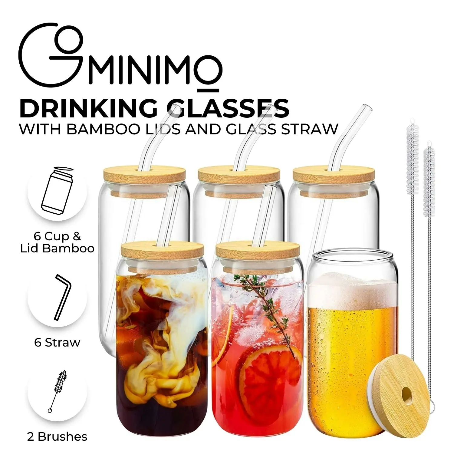 Gominimo 16Oz 6 Pieces Clear Drinking Glasses with Bamboo Lids and Glass Straw