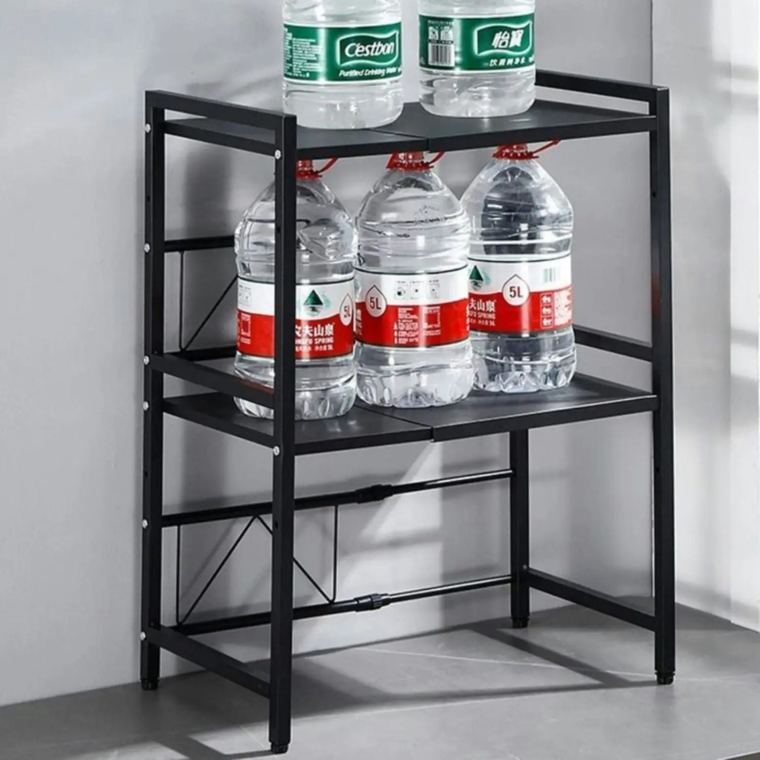 Gominimo Adjustable Length and Height Counter Shelf Includes 3 Hooks Microwave Oven Rack 3 Tier - Black