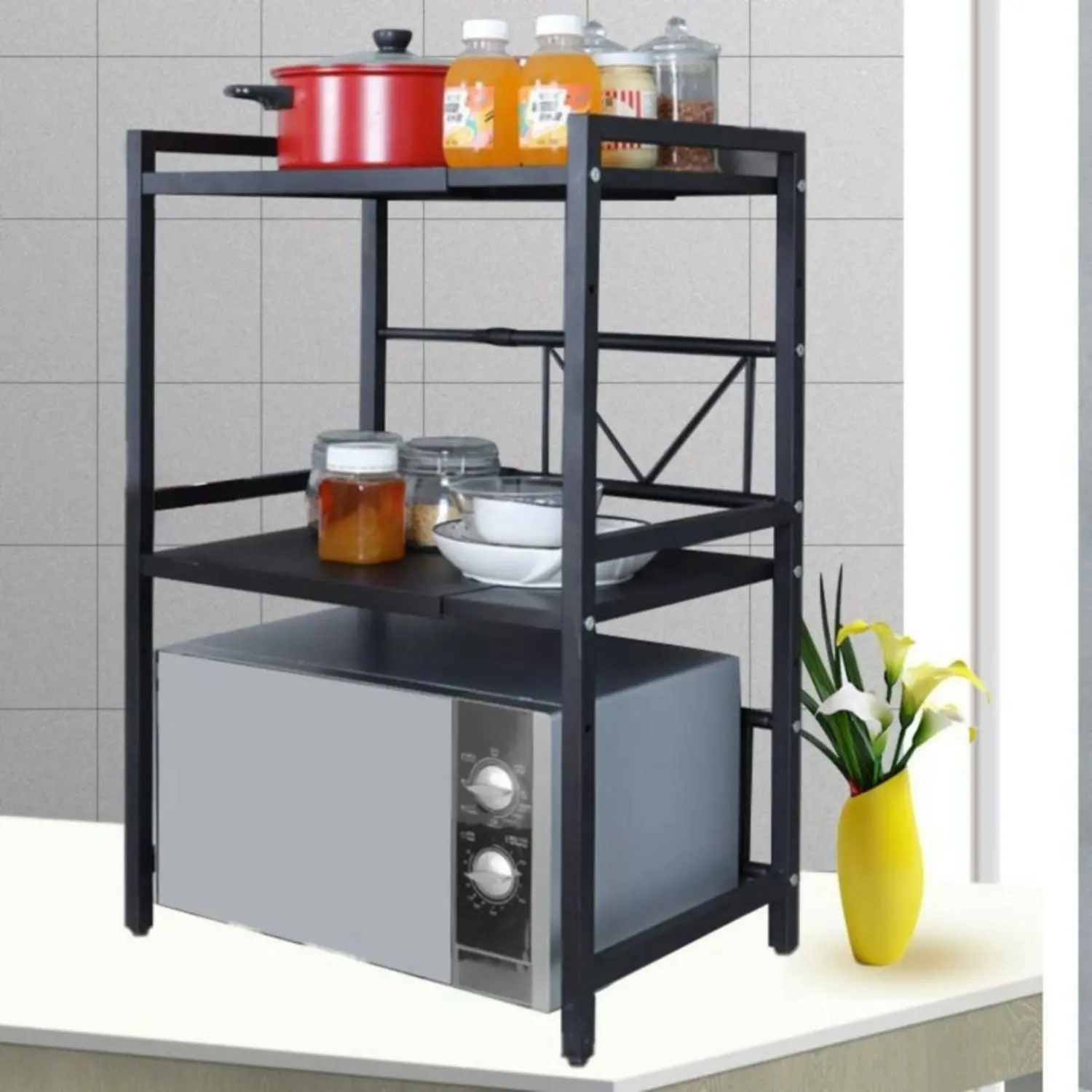 Gominimo Adjustable Length and Height Counter Shelf Includes 3 Hooks Microwave Oven Rack 3 Tier - Black