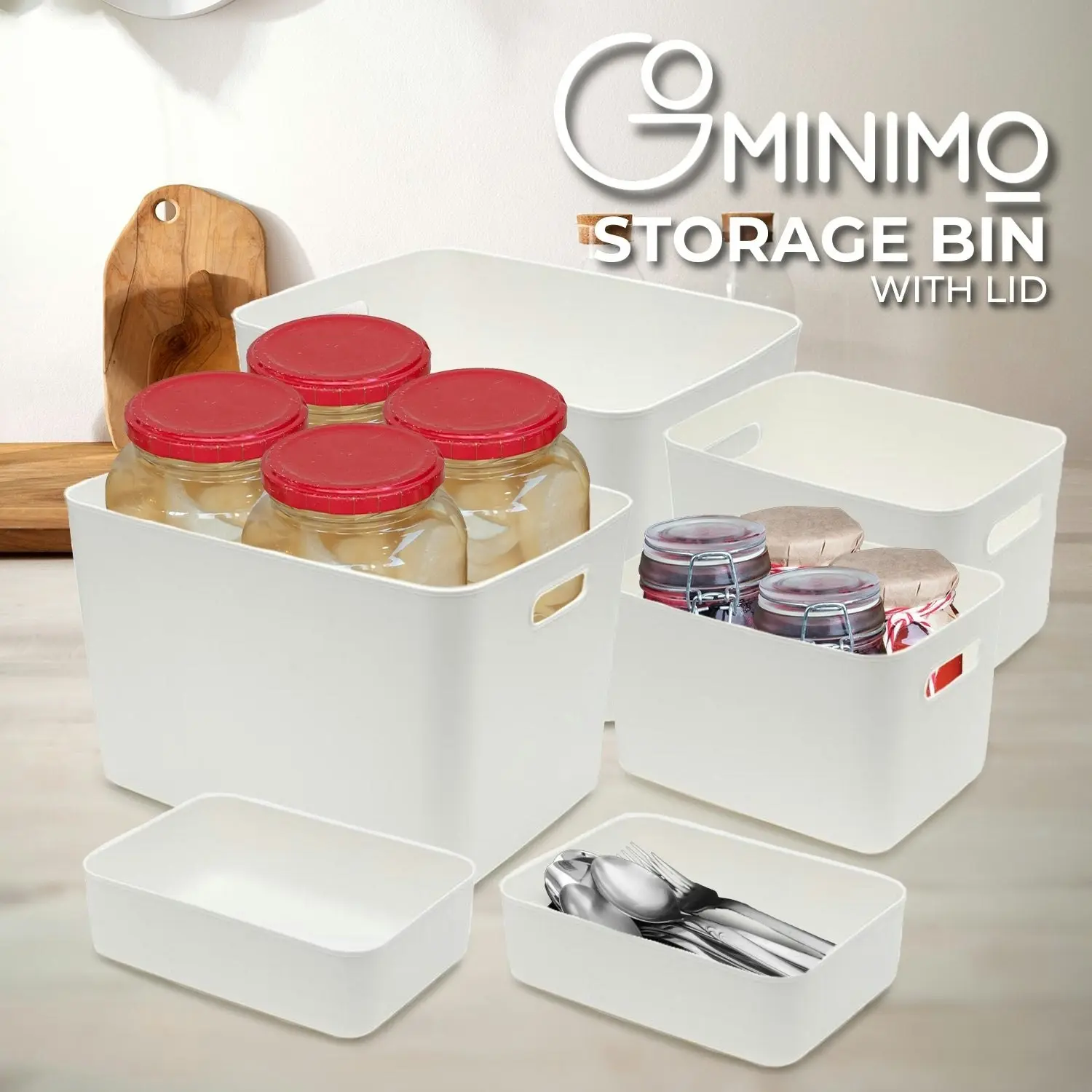 6pcs Gominimo Perfect for Toys, Pantry Snacks, and Accessories Home Organization Set - 2x30L, 2x15L, 2x7L Storage Bins with 4 Lids - White