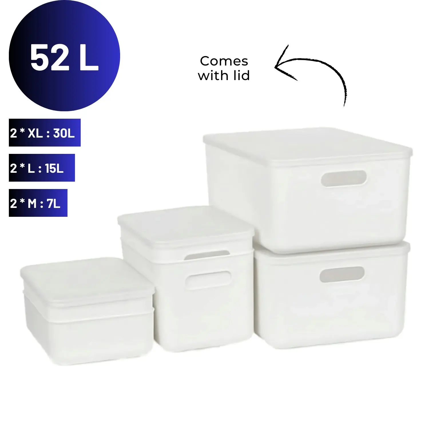 6pcs Gominimo Perfect for Toys, Pantry Snacks, and Accessories Home Organization Set - 2x30L, 2x15L, 2x7L Storage Bins with 4 Lids - White