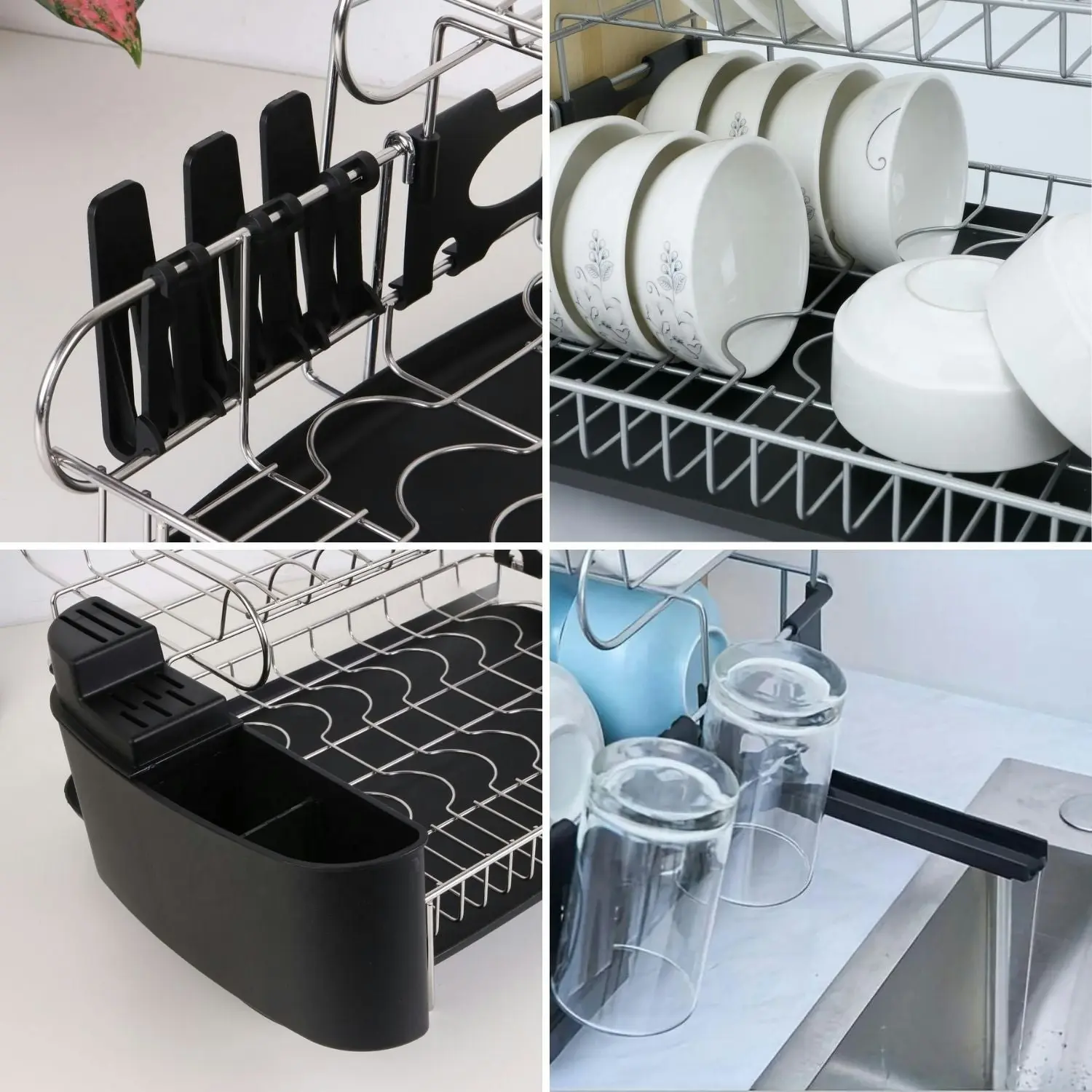 Gominimo 2-Tier Dish Drying Rack with Draining Board and Cup Holder Black