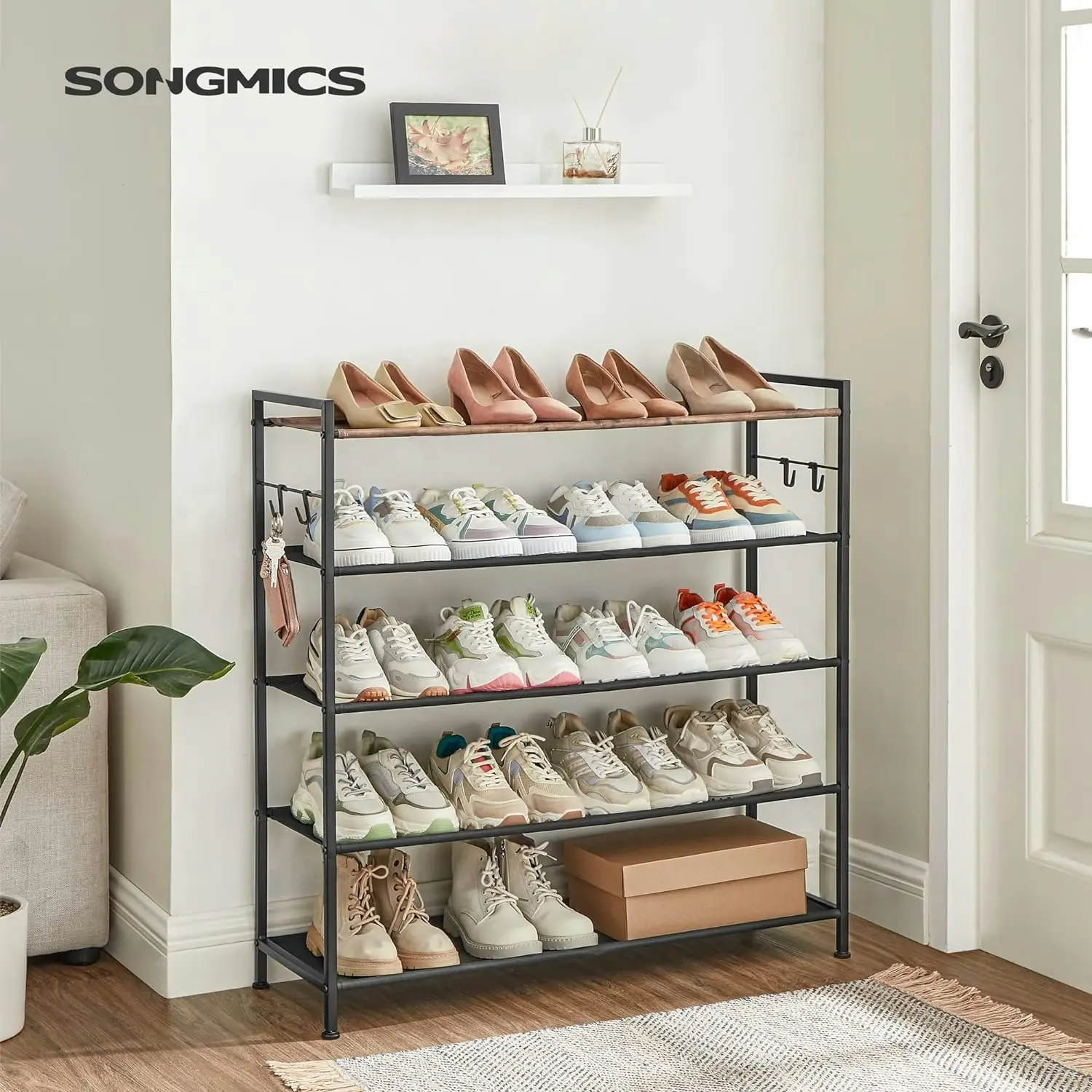 SONGMICS 20 25 Pairs Entryway Storage Shelf Stand Shoes Organiser with Hooks Shoe Rack 5 Tier - Black