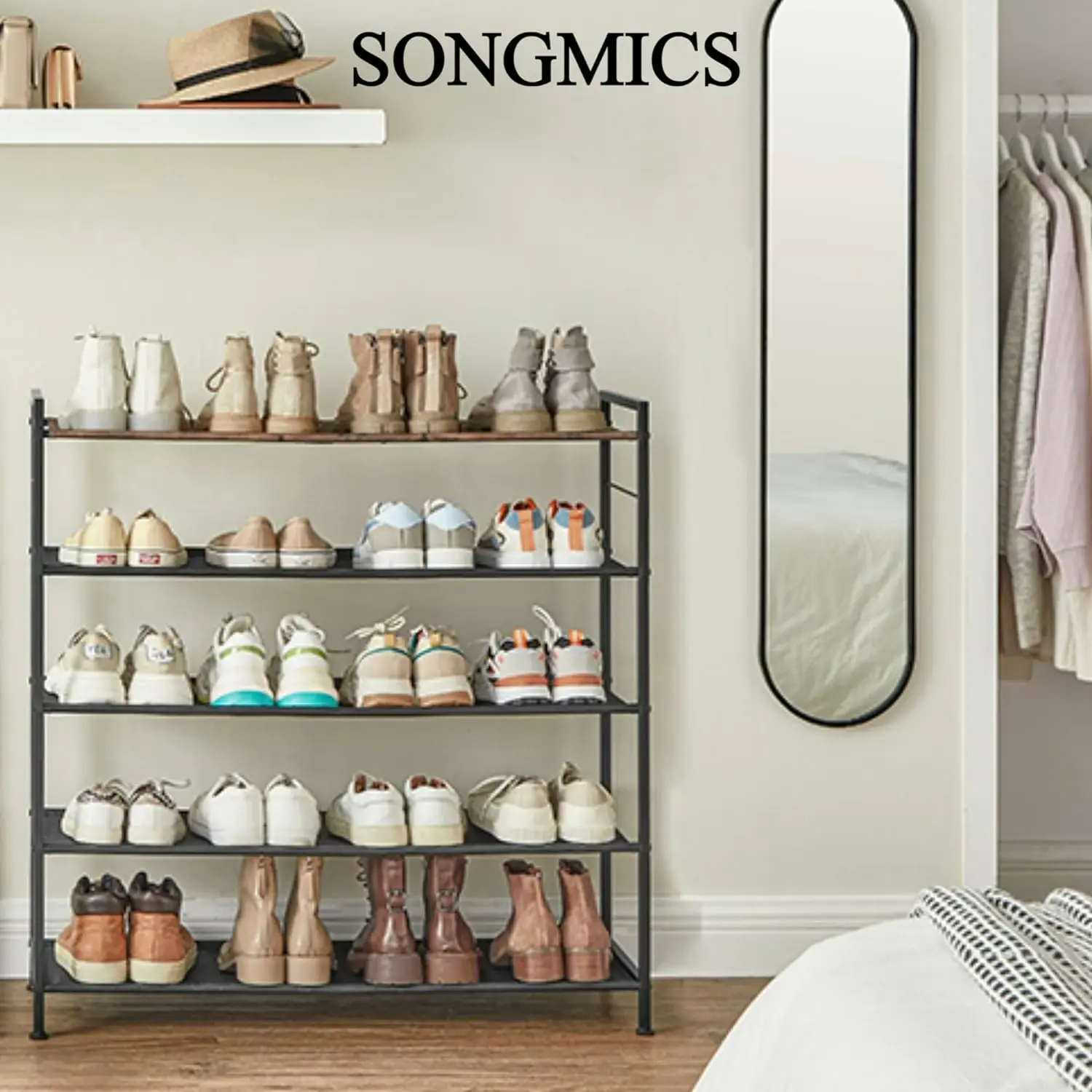 SONGMICS 20 25 Pairs Entryway Storage Shelf Stand Shoes Organiser with Hooks Shoe Rack 5 Tier - Black