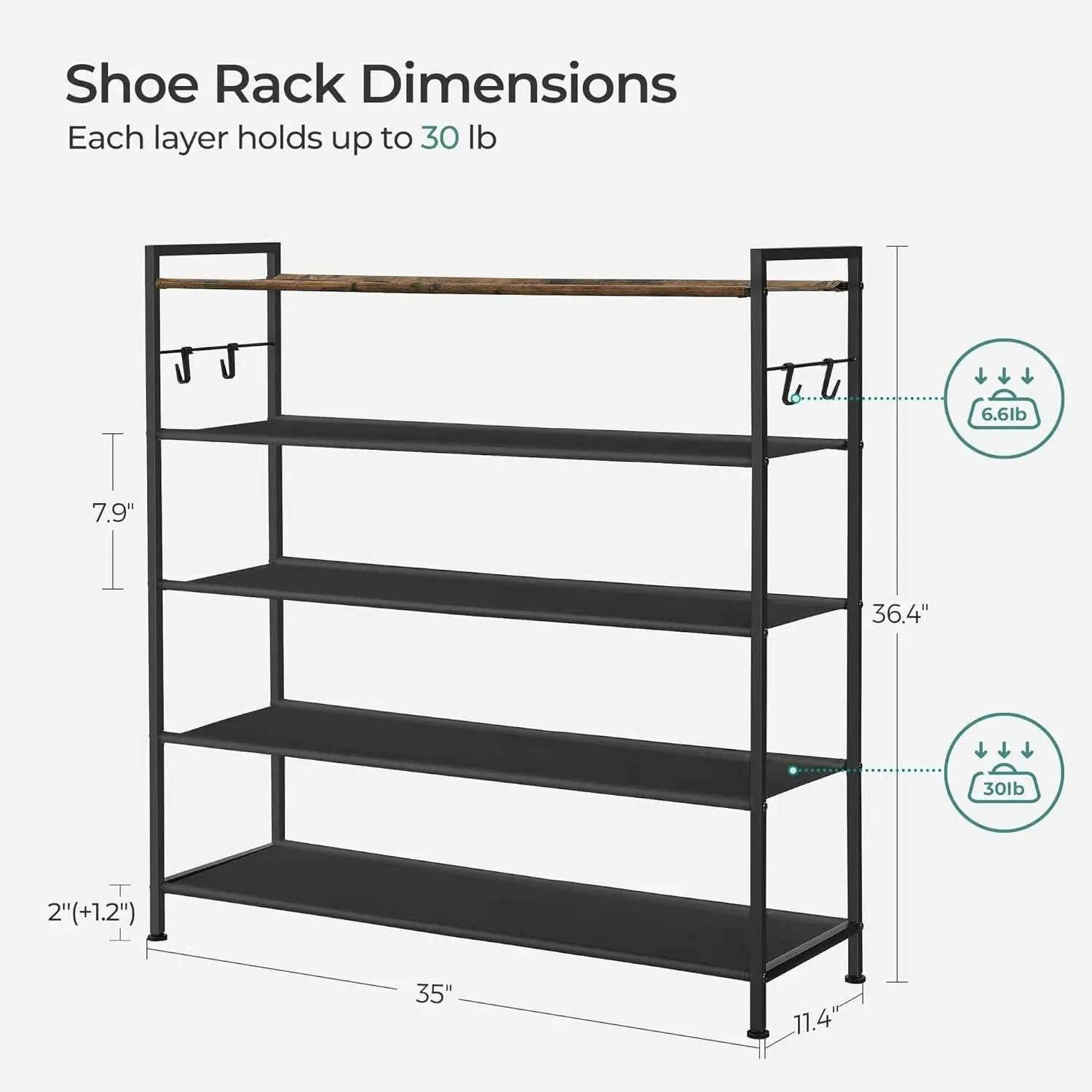 SONGMICS 20 25 Pairs Entryway Storage Shelf Stand Shoes Organiser with Hooks Shoe Rack 5 Tier - Black