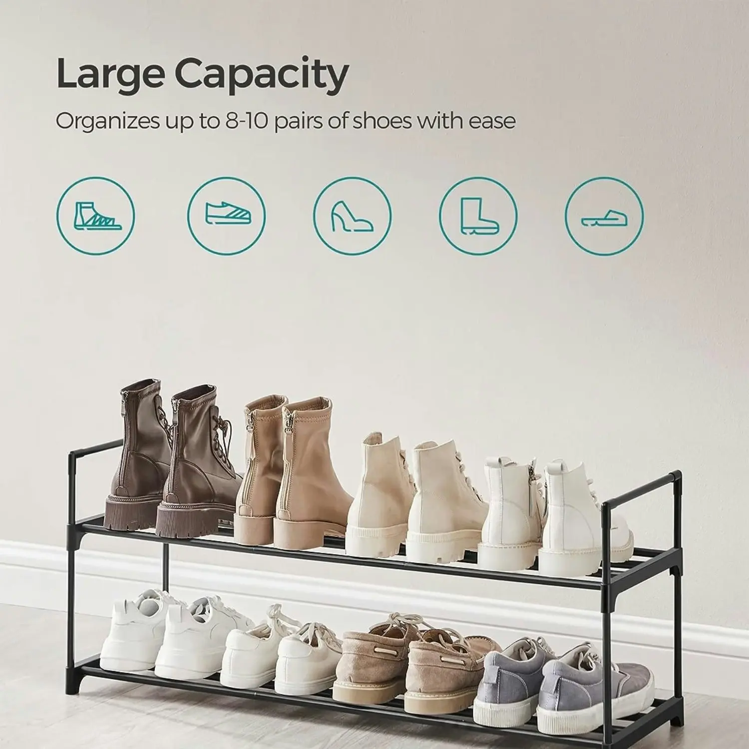 SONGMICS 2 Tier Metal Shoe Rack for 10 Pairs of Shoes Easy to Assemble Grey