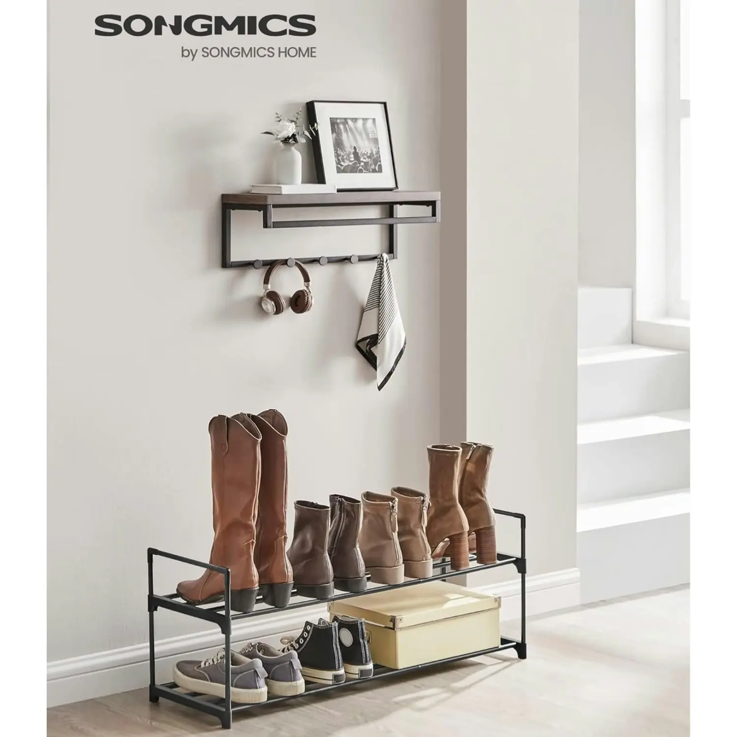 SONGMICS 2 Tier Metal Shoe Rack for 10 Pairs of Shoes Easy to Assemble Grey