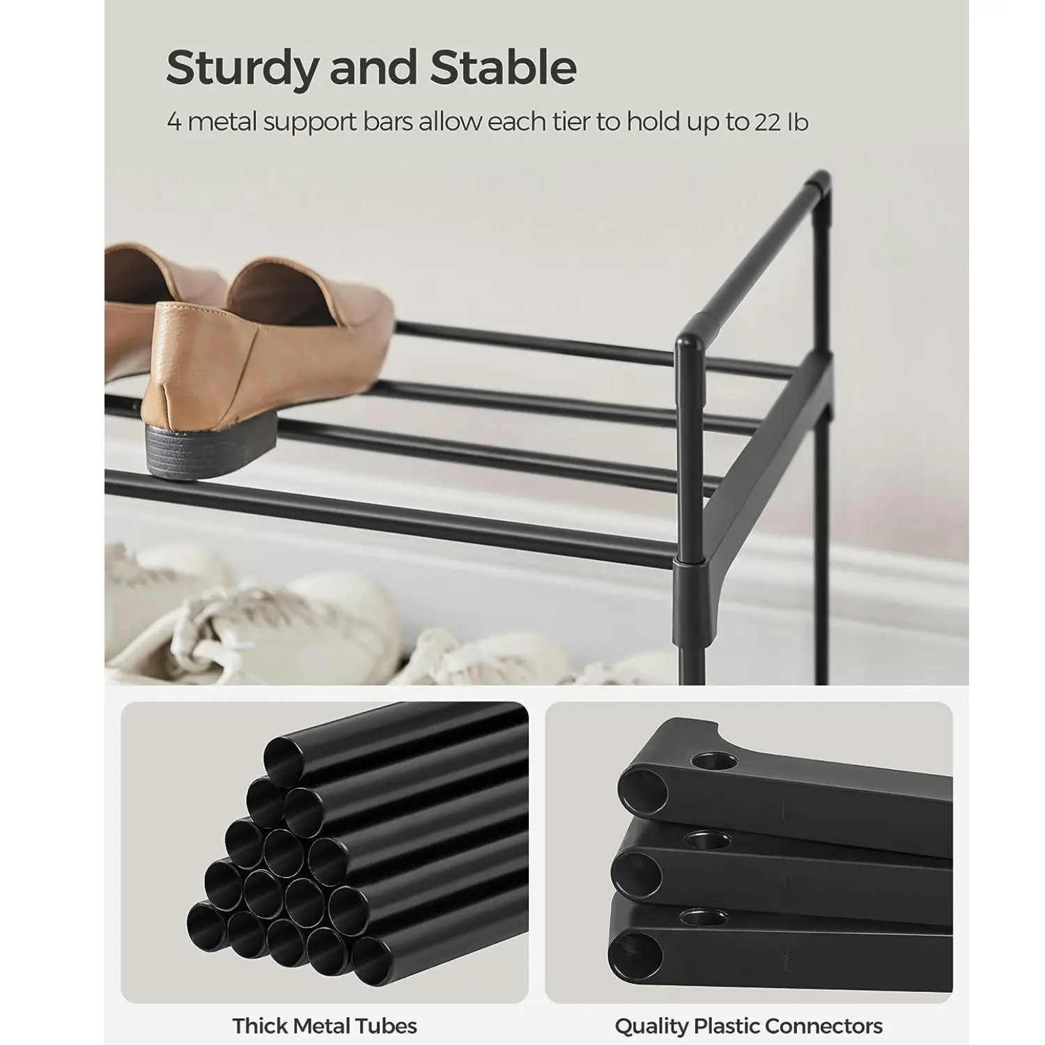 SONGMICS 2 Tier Metal Shoe Rack for 10 Pairs of Shoes Easy to Assemble Grey