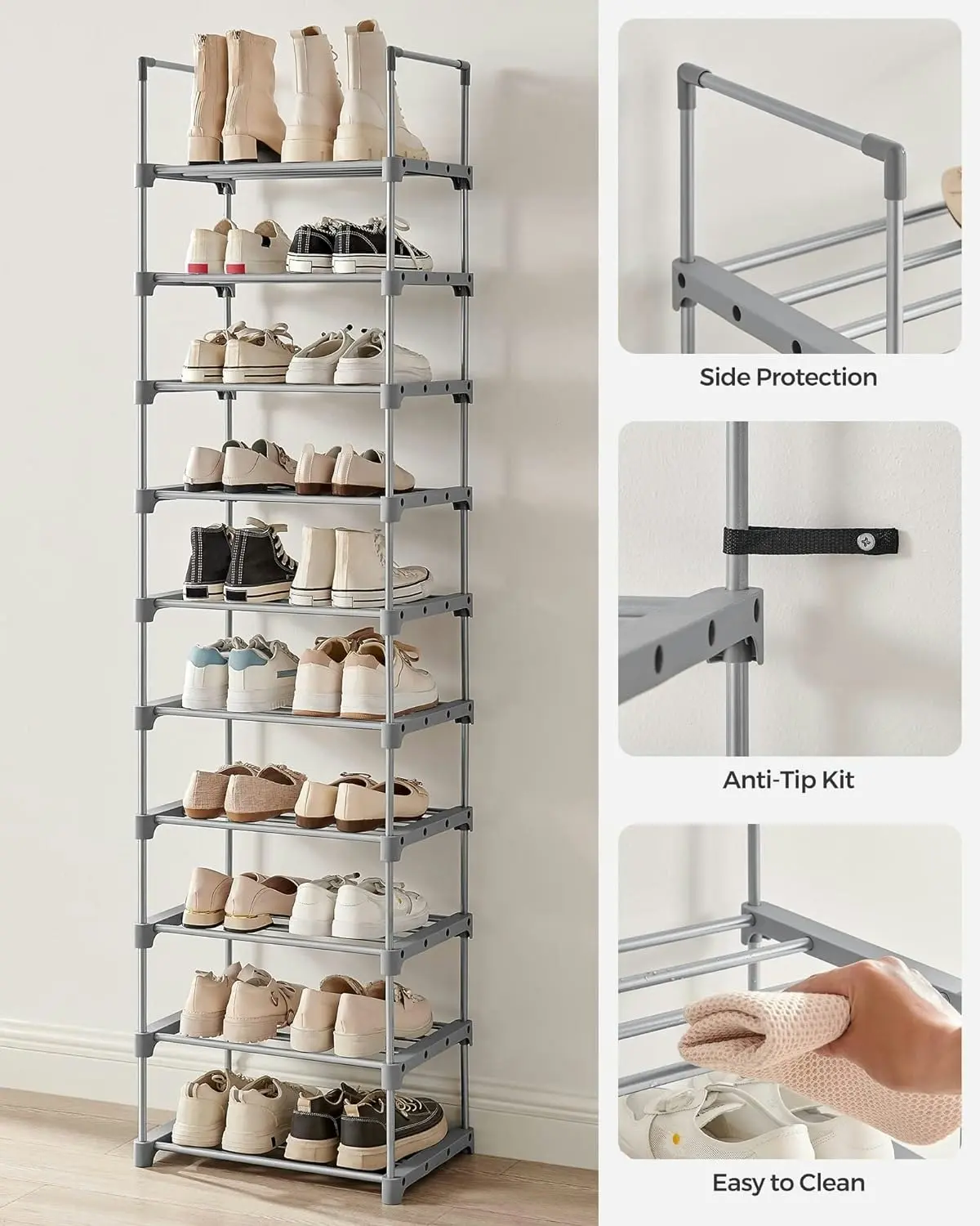 SONGMICS 10 Tier Customizable Shoes Organiser Metal Shoe Rack - Grey