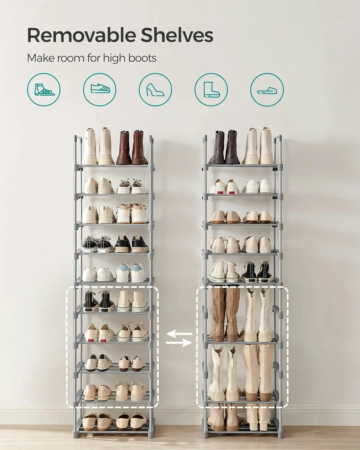 SONGMICS 10 Tier Customizable Shoes Organiser Metal Shoe Rack - Grey