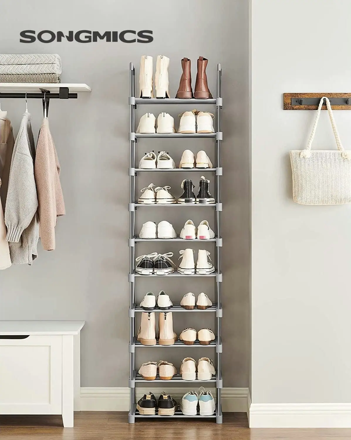 SONGMICS 10 Tier Customizable Shoes Organiser Metal Shoe Rack - Grey