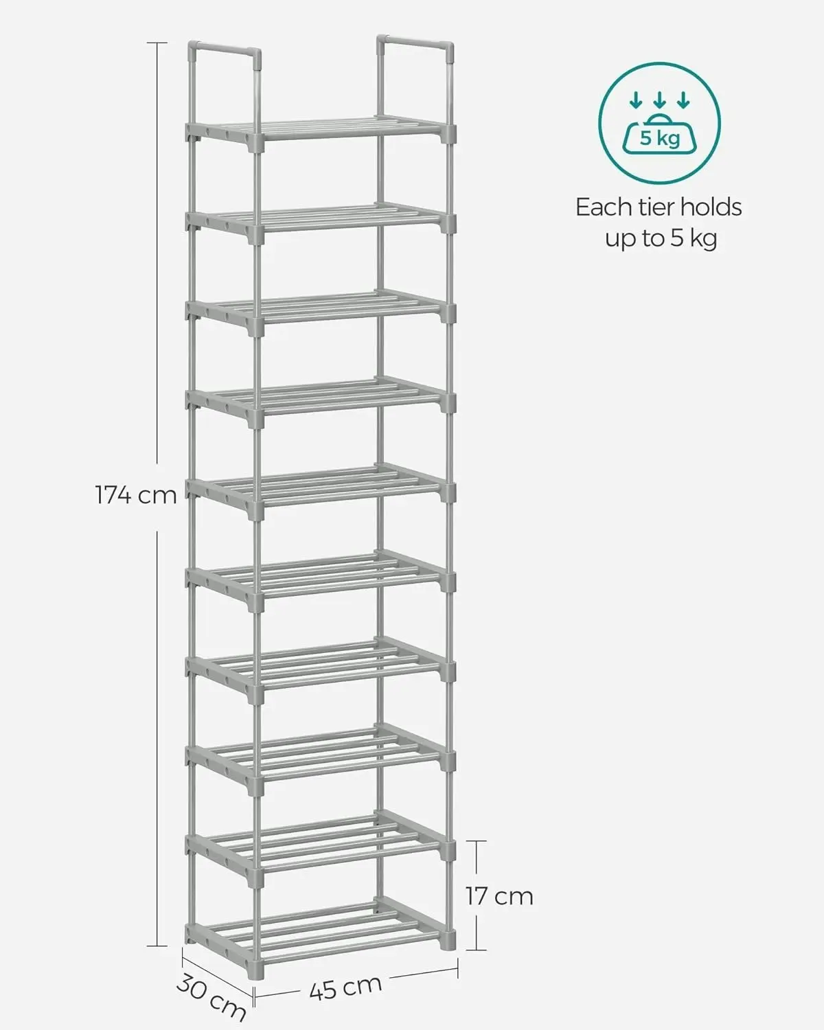 SONGMICS 10 Tier Customizable Shoes Organiser Metal Shoe Rack - Grey