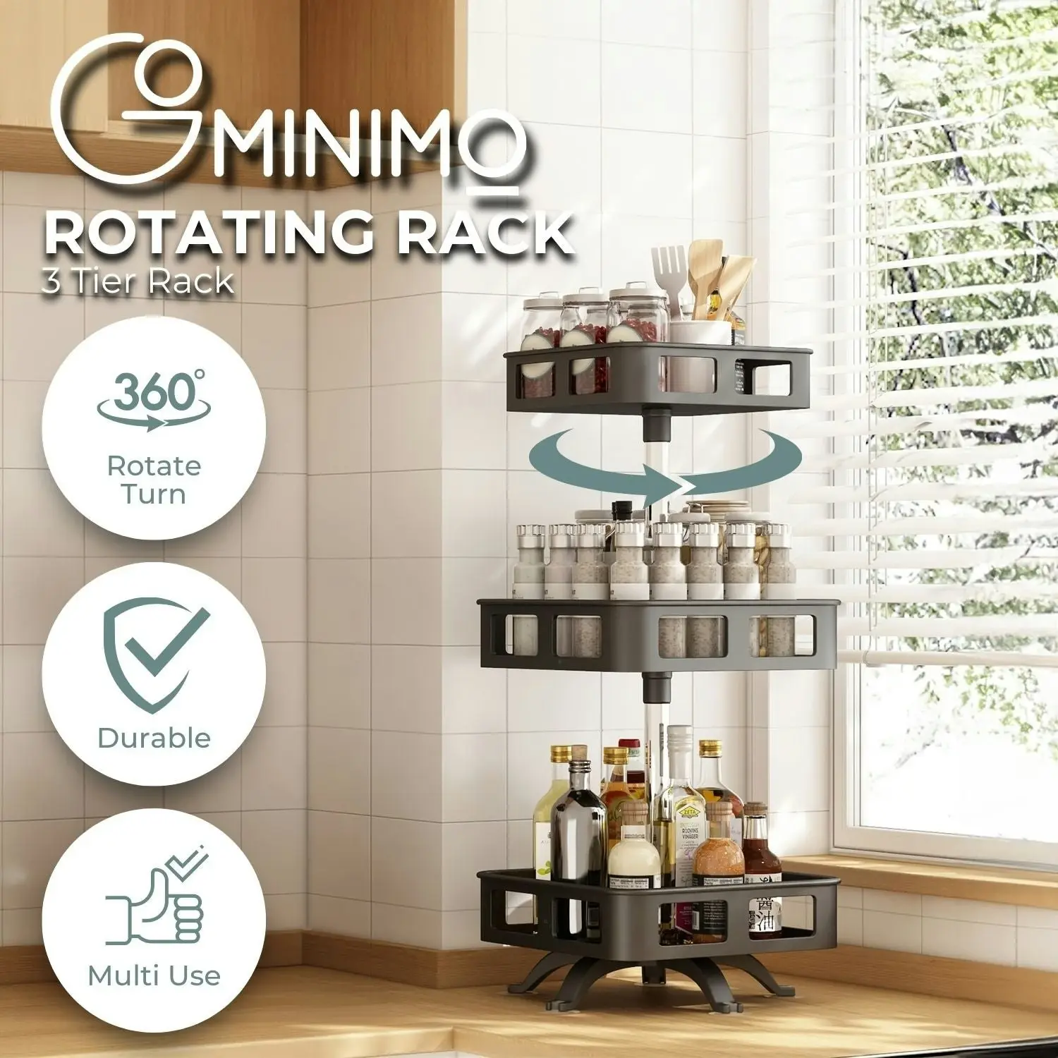 Gominimo 3 Tier Steel Black Square Rotating Multi-Function Kitchen Portable Storage Spice Seasoning Kitchen Countertop Organiser Shelf Black