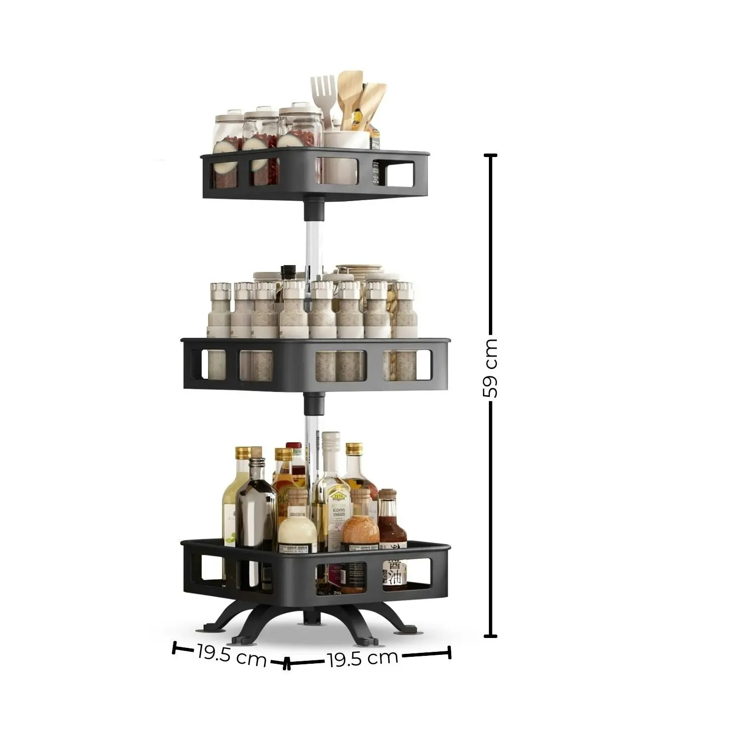 Gominimo 3 Tier Steel Black Square Rotating Multi-Function Kitchen Portable Storage Spice Seasoning Kitchen Countertop Organiser Shelf Black