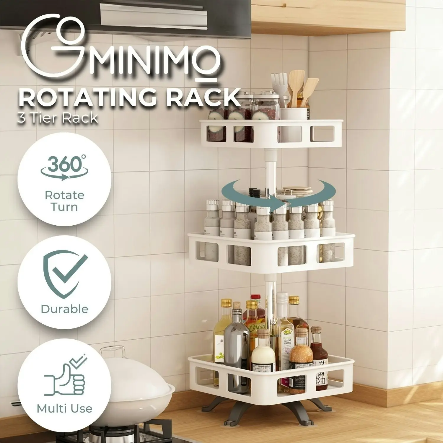 Gominimo 3 Tier Rotating Spice Rack Kitchen Carousel Seasoning Containers Organiser White