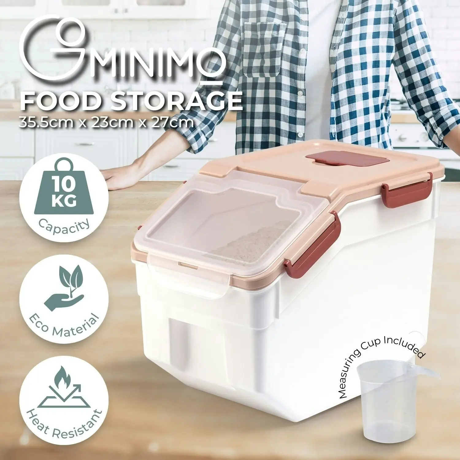 Gominimo 10kg Rice Cereal Grain Container Food Storage Box with Measuring Cup Light Coffee