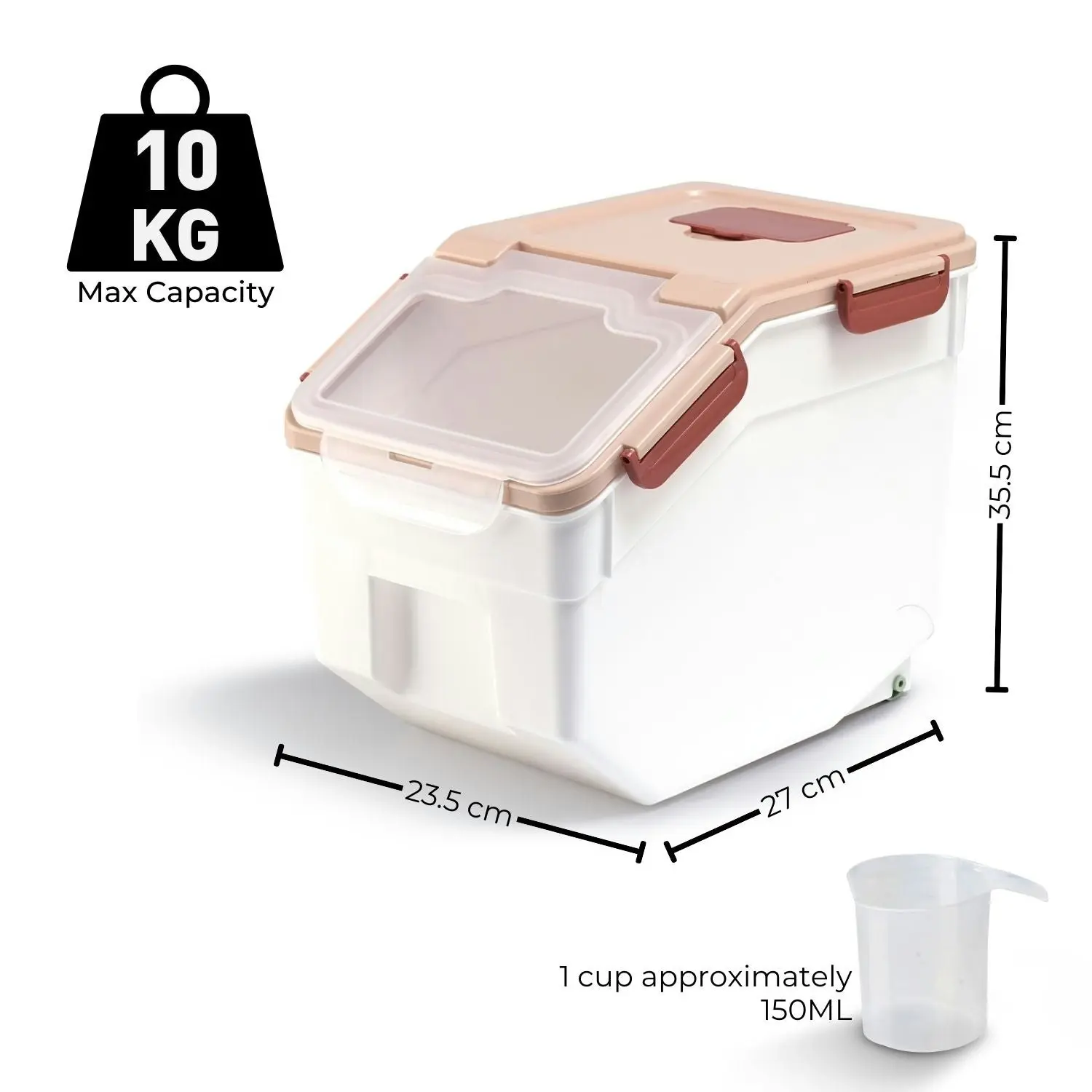 Gominimo 10kg Rice Cereal Grain Container Food Storage Box with Measuring Cup Light Coffee