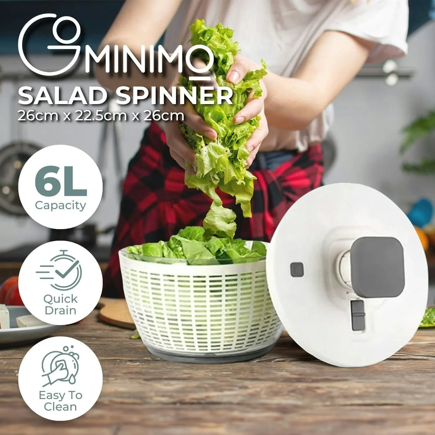 Gominimo 6L Large Salad Spinner Vegetable Washer and Dryer Storage Bowl - White