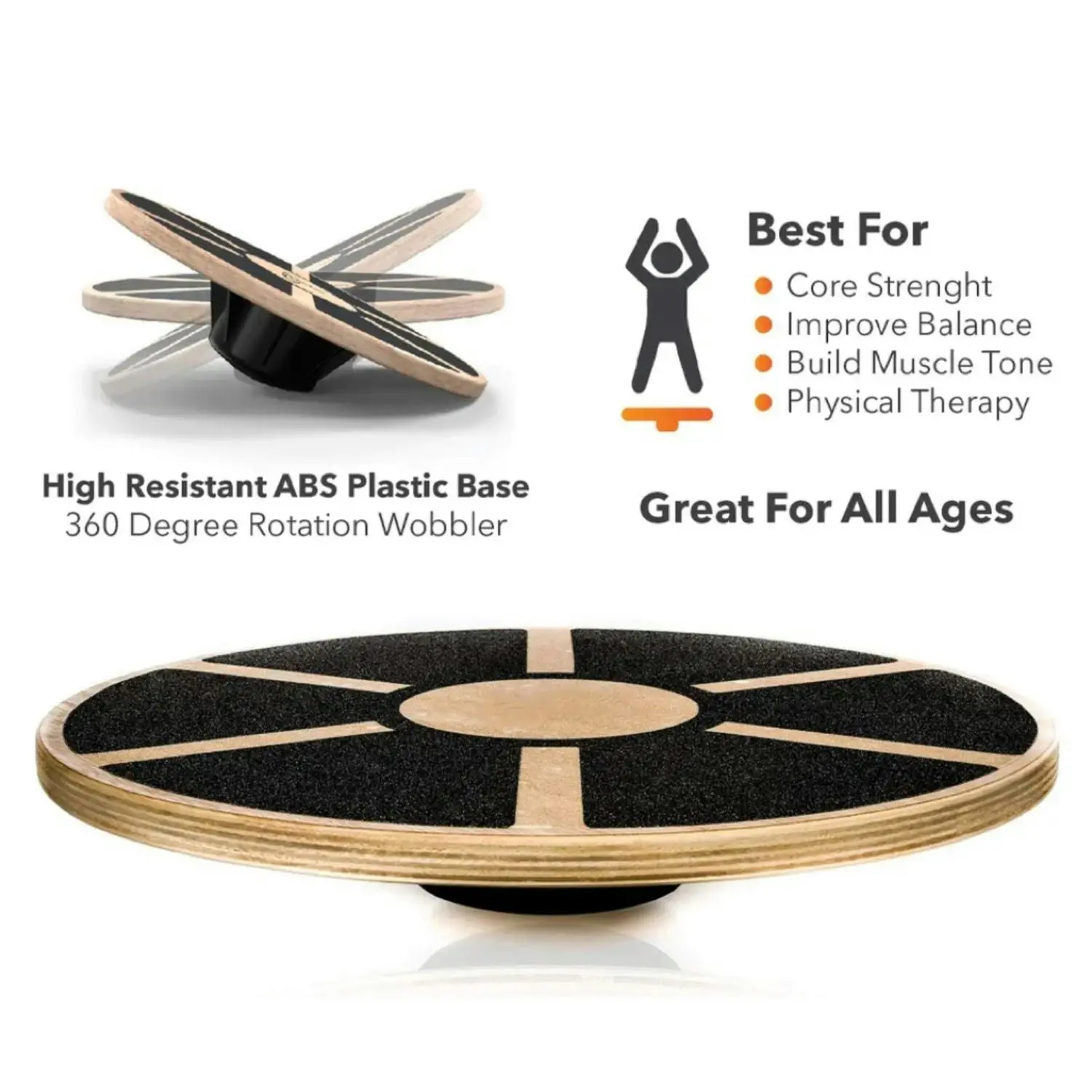 Verppeak Wooden Nonslip Balance Trainer Core Exercise Yoga Gym Wobble Board - Black