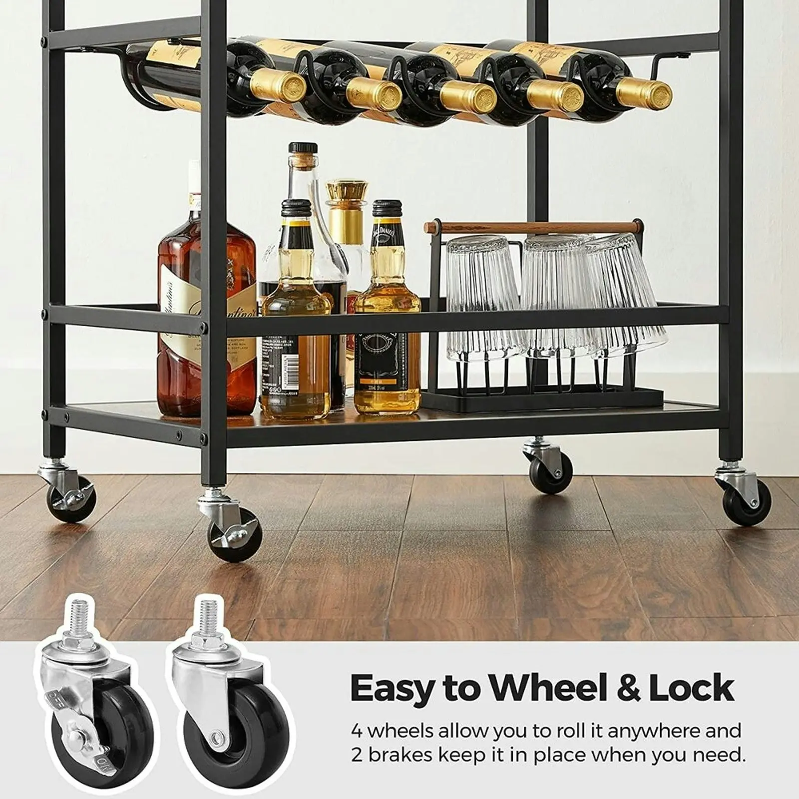 VASAGLE Wine Serving Cart with Wheels and Bottle Holders Bar Cart - Rustic Brown